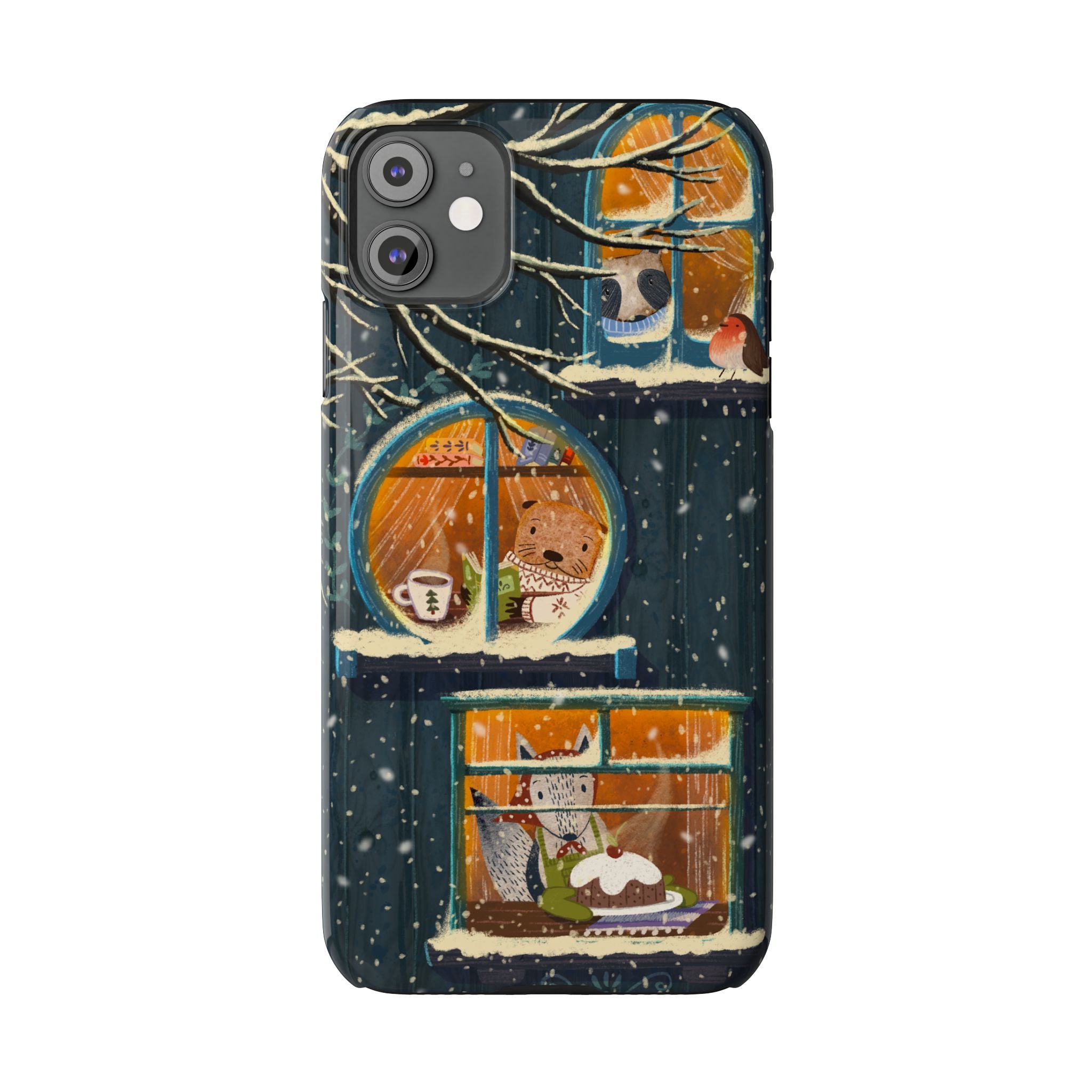 Cute Winter Animals Cozy Home iPhone Case, Woodland Cottage Cover, Treehouse at Night, Raccoon Bear Fox, iPhone 16 15 14 13 12 11 X XR 8 7