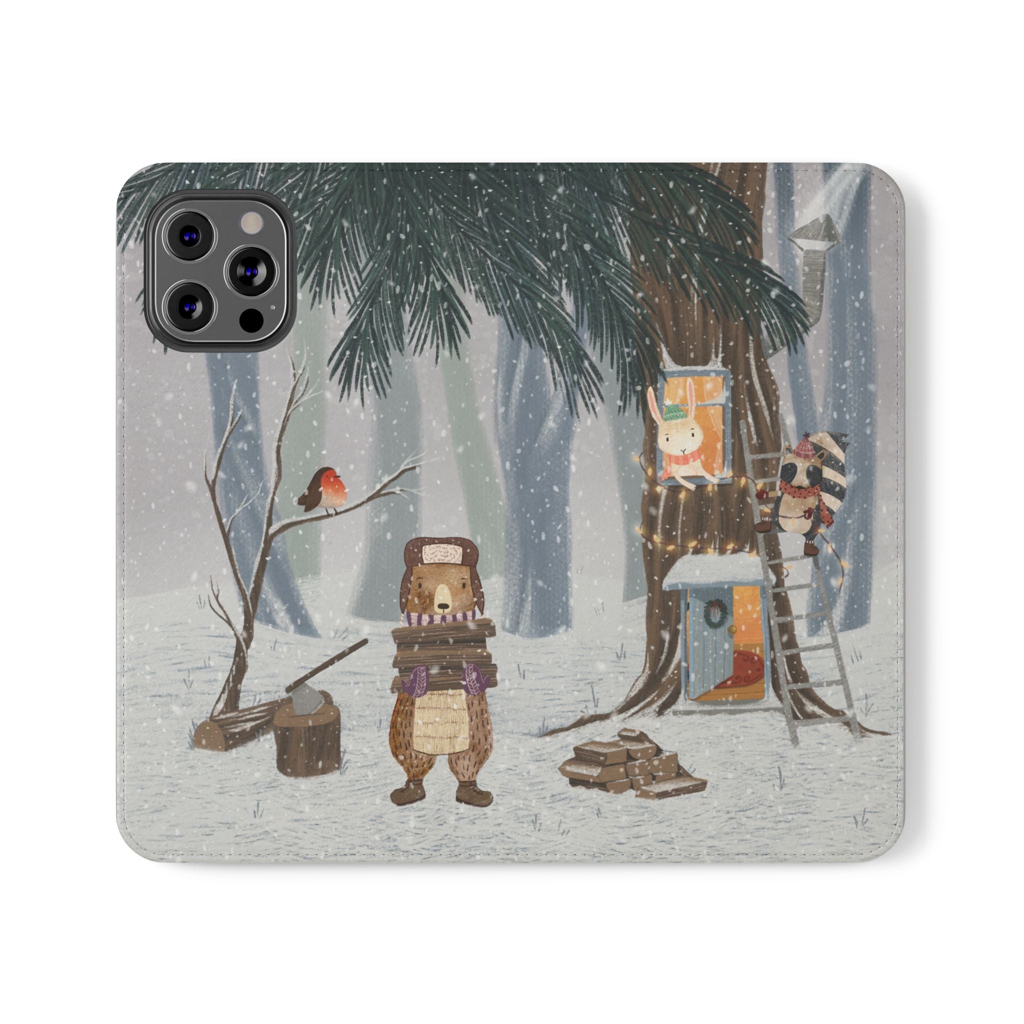 Winter Forest Friends Wallet Case, Woodland Flip Cover, Vegan Leather, Snowy Scene, Cozy Holiday, iPhone 11 12 13 14 15 16, Galaxy S21 S22
