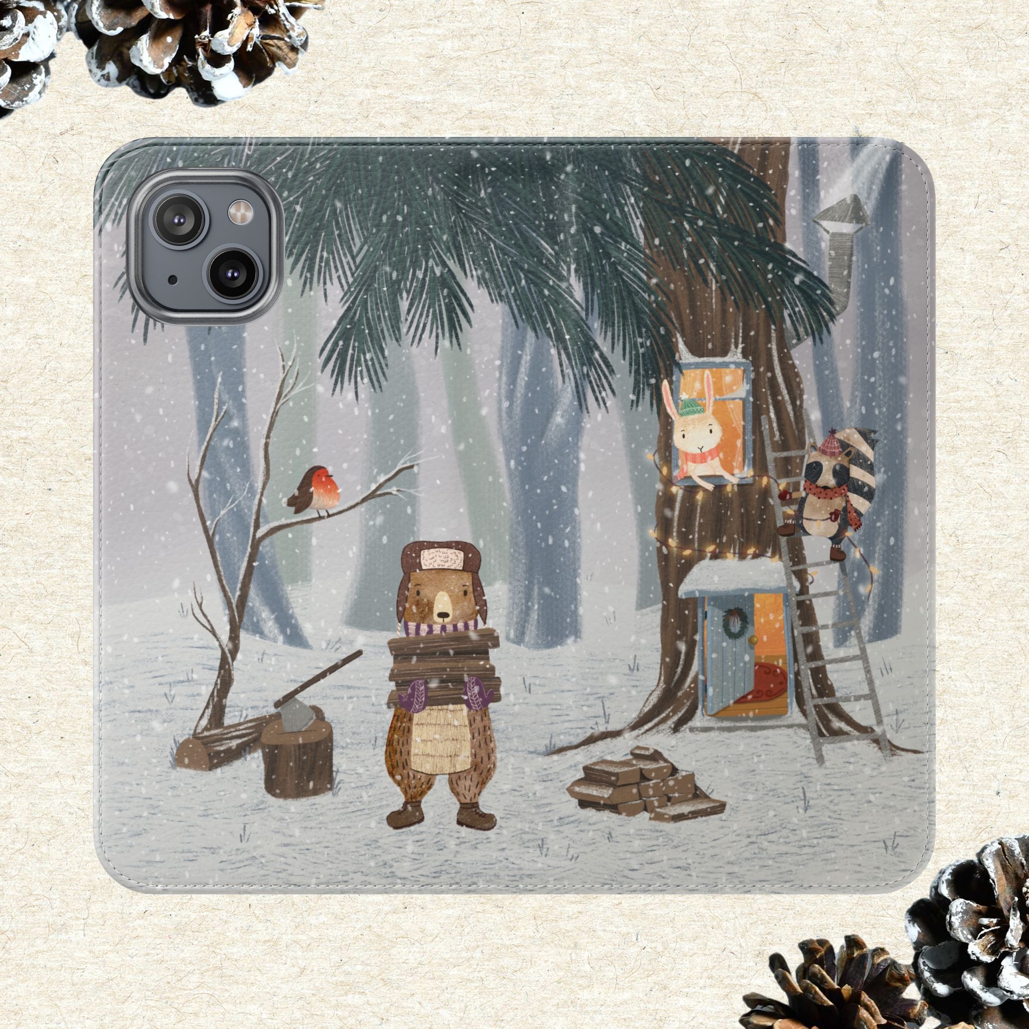 Winter Forest Friends Wallet Case, Woodland Flip Cover, Vegan Leather, Snowy Scene, Cozy Holiday, iPhone 11 12 13 14 15 16, Galaxy S21 S22