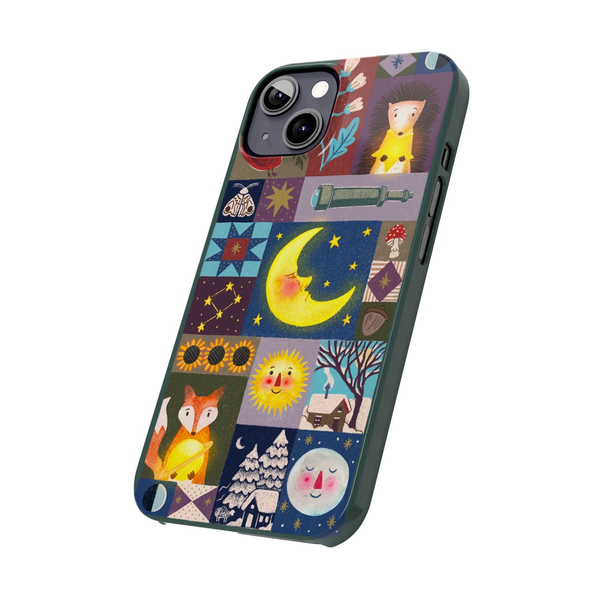 Celestial Quilt iPhone Case, Folk Art Moon Sun Fox Case, Nature Patchwork Cover, Cute Stellar Design, iPhone 7 8 X XR XS 11 12 13 14 15 16