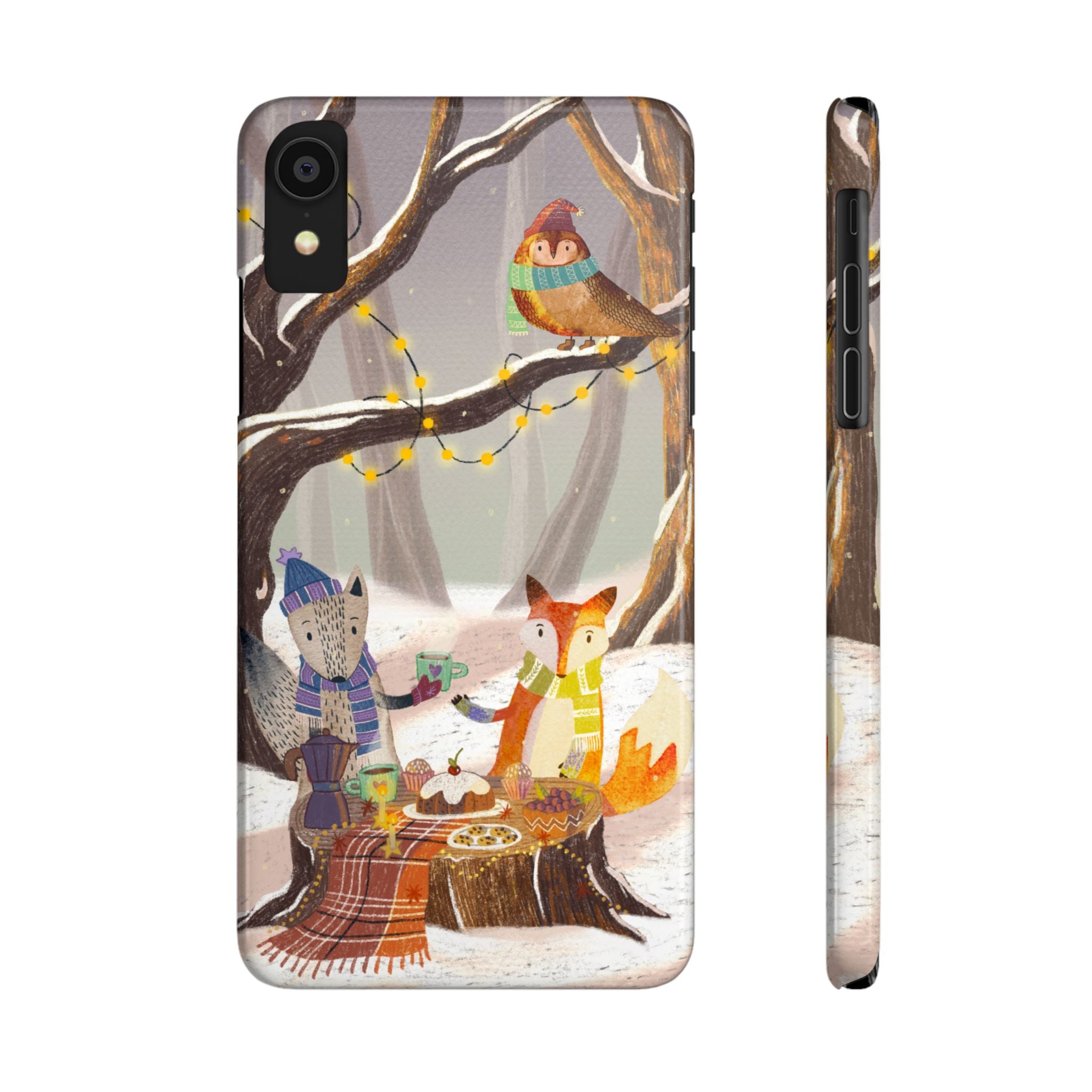 Cozy Winter Animals Slim iPhone Case, Cute Fox & Owl Design, Winter Theme Holiday Gift, Cute Phone Cover Gift, iPhone 16 15 14 13 12 11 X XR