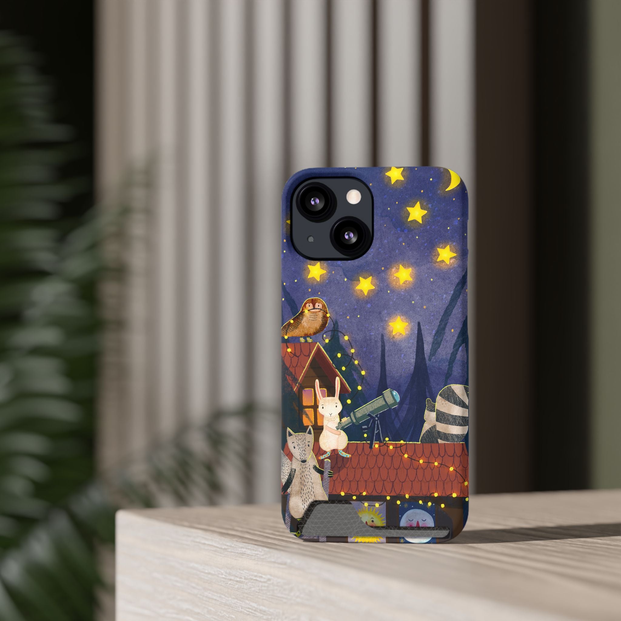 Stargazing Animals Phone Case With Card Holder - Cute Animal Design for Kids, Gift for Urban Explorers, Night Sky Vibes, Fun Accessory