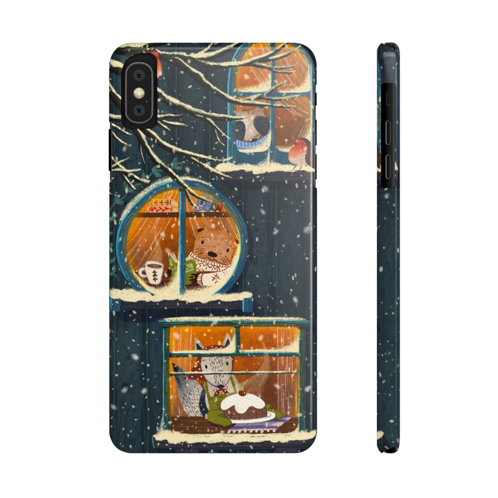 Cute Winter Animals Cozy Home iPhone Case, Woodland Cottage Cover, Treehouse at Night, Raccoon Bear Fox, iPhone 16 15 14 13 12 11 X XR 8 7