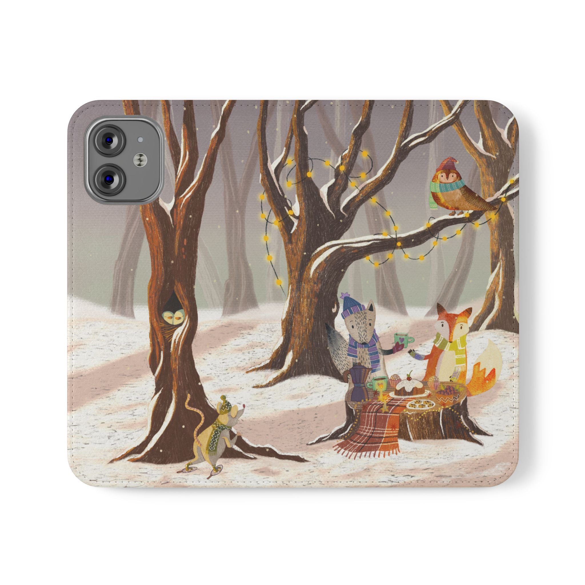 Winter Forest Tea Party Wallet Case, Woodland Animals Phone Flip Cover, Vegan Leather Case, iPhone 11 12 13 14 15 16, Galaxy Ultra S21 S22