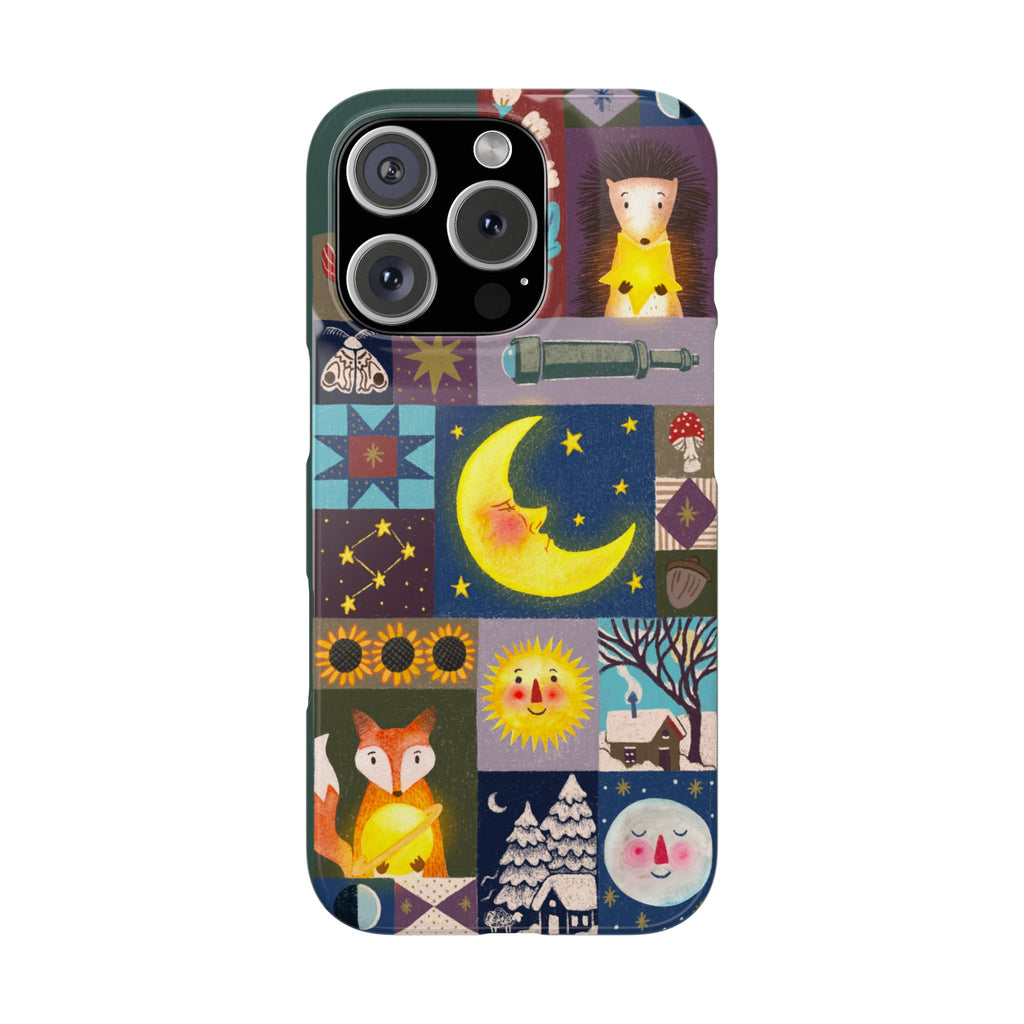 Celestial Quilt iPhone Case, Folk Art Moon Sun Fox Case, Nature Patchwork Cover, Cute Stellar Design, iPhone 7 8 X XR XS 11 12 13 14 15 16