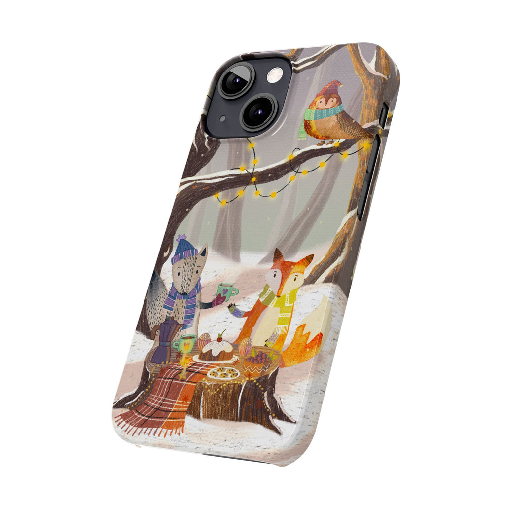 Cozy Winter Animals Slim iPhone Case, Cute Fox & Owl Design, Winter Theme Holiday Gift, Cute Phone Cover Gift, iPhone 16 15 14 13 12 11 X XR