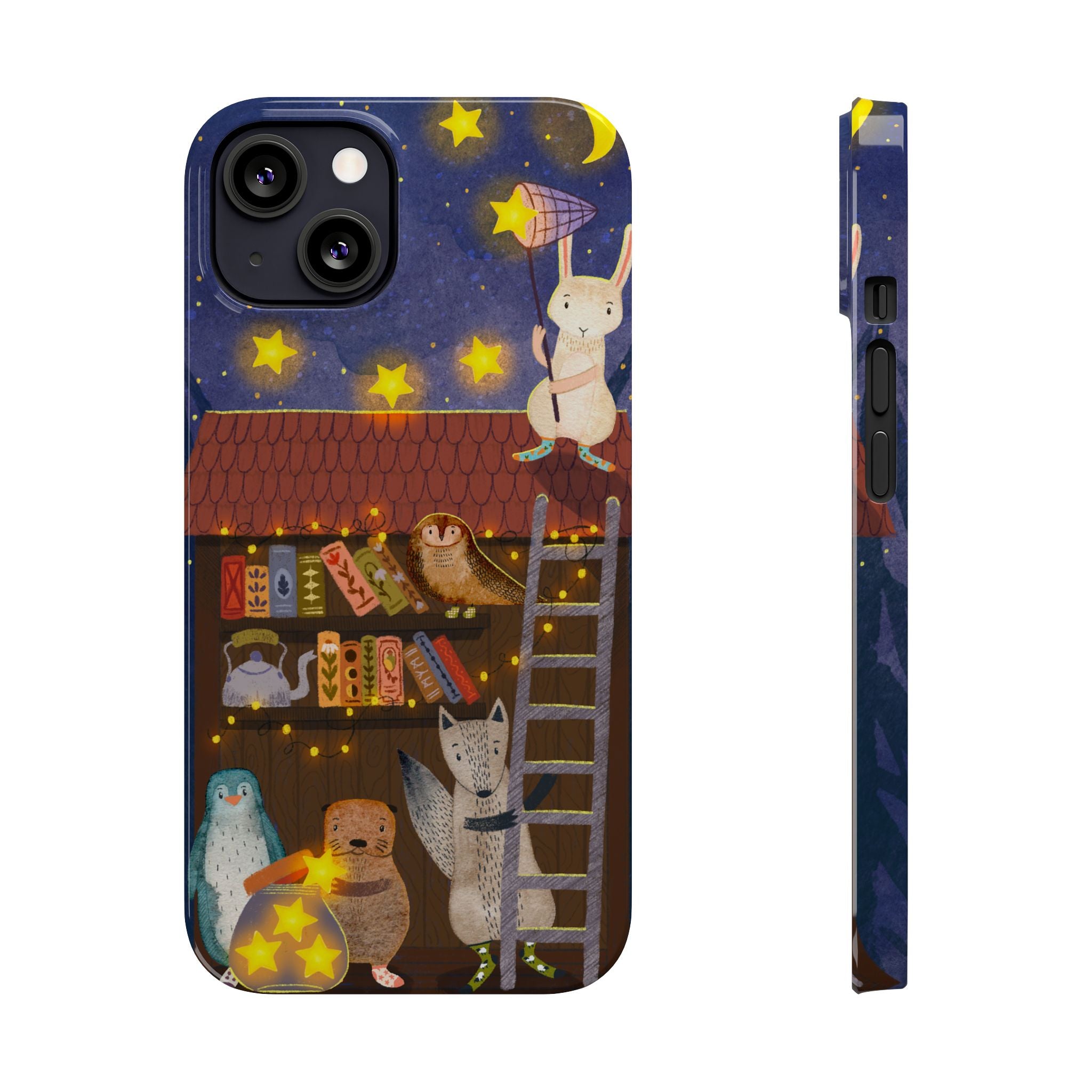 Starlit Library Phone Case, Woodland Animals iPhone Case, Cozy Night Scene Cover, Cute Animals Case Gift, iPhone 7 8 X XR 11 12 13 14 15 16