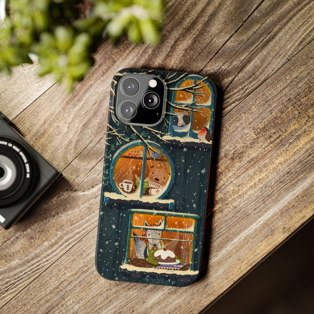Cute Winter Animals Cozy Home iPhone Case, Woodland Cottage Cover, Treehouse at Night, Raccoon Bear Fox, iPhone 16 15 14 13 12 11 X XR 8 7