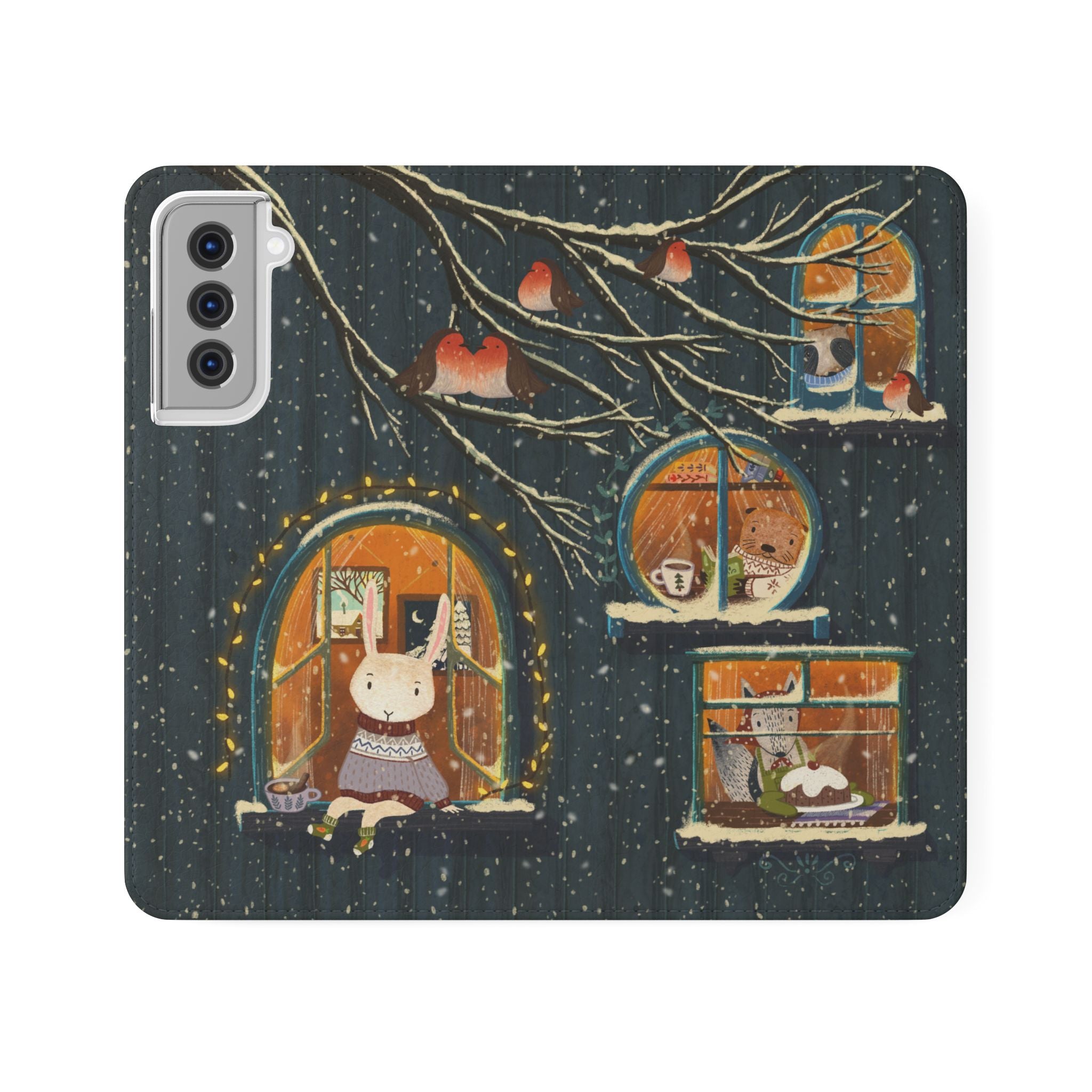 Cozy Winter Cottage Wallet Case, Cute Animals Flip Cover, Vegan Leather, Cozy Vibes, Gift Idea for iPhone 11 12 13 14 15 16, Galaxy S21 S22