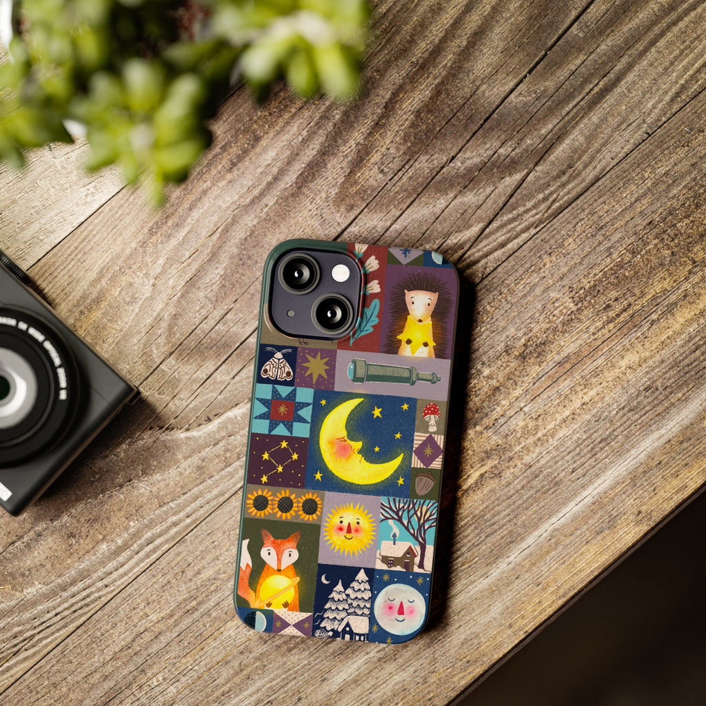 Celestial Quilt iPhone Case, Folk Art Moon Sun Fox Case, Nature Patchwork Cover, Cute Stellar Design, iPhone 7 8 X XR XS 11 12 13 14 15 16