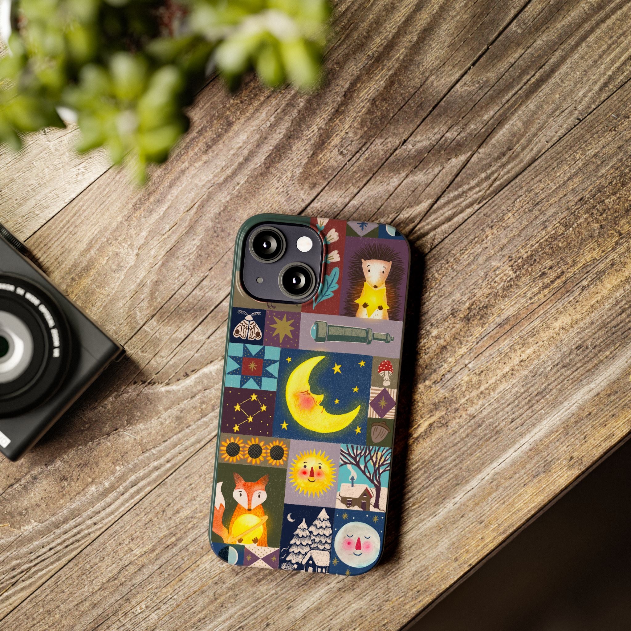 Celestial Quilt iPhone Case, Folk Art Moon Sun Fox Case, Nature Patchwork Cover, Cute Stellar Design, iPhone 7 8 X XR XS 11 12 13 14 15 16