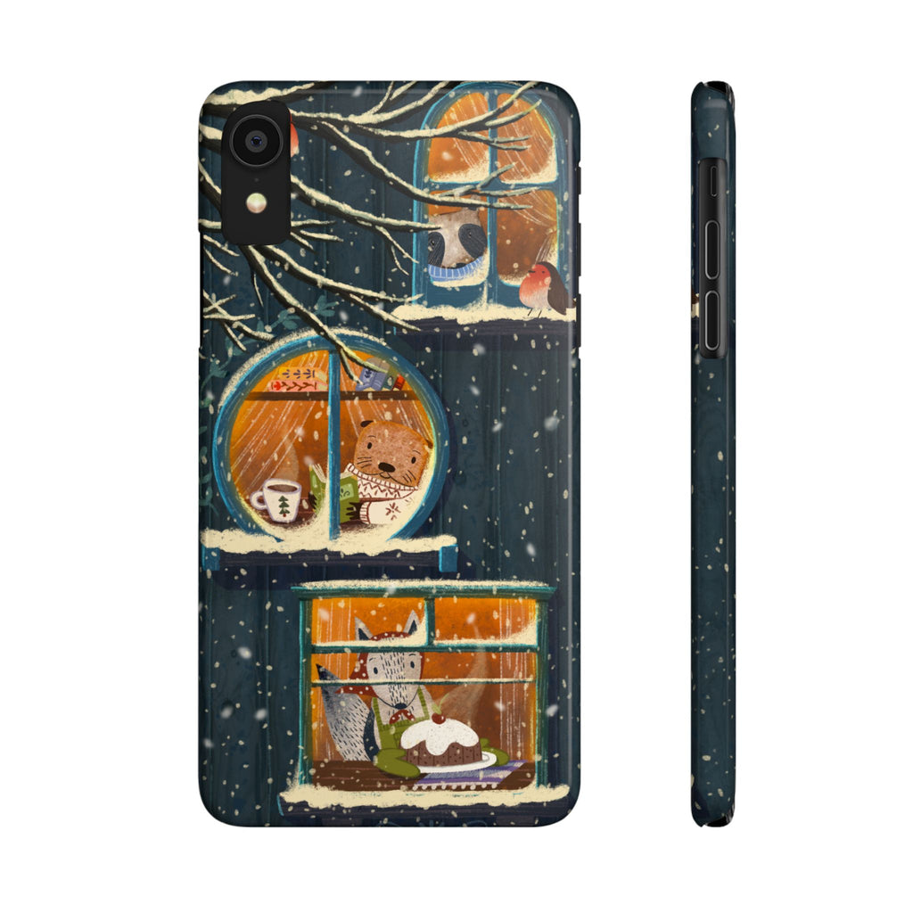 Cute Winter Animals Cozy Home iPhone Case, Woodland Cottage Cover, Treehouse at Night, Raccoon Bear Fox, iPhone 16 15 14 13 12 11 X XR 8 7