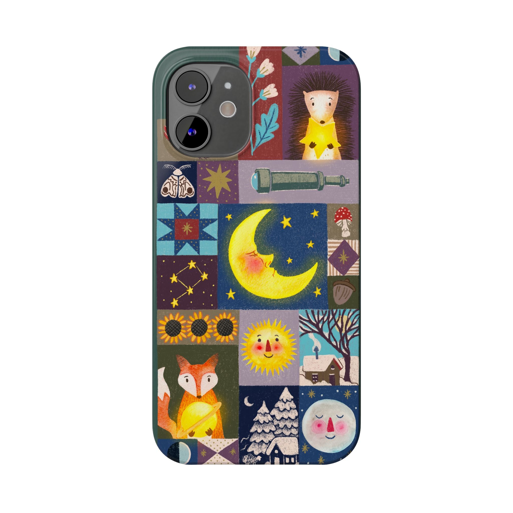 Celestial Quilt iPhone Case, Folk Art Moon Sun Fox Case, Nature Patchwork Cover, Cute Stellar Design, iPhone 7 8 X XR XS 11 12 13 14 15 16