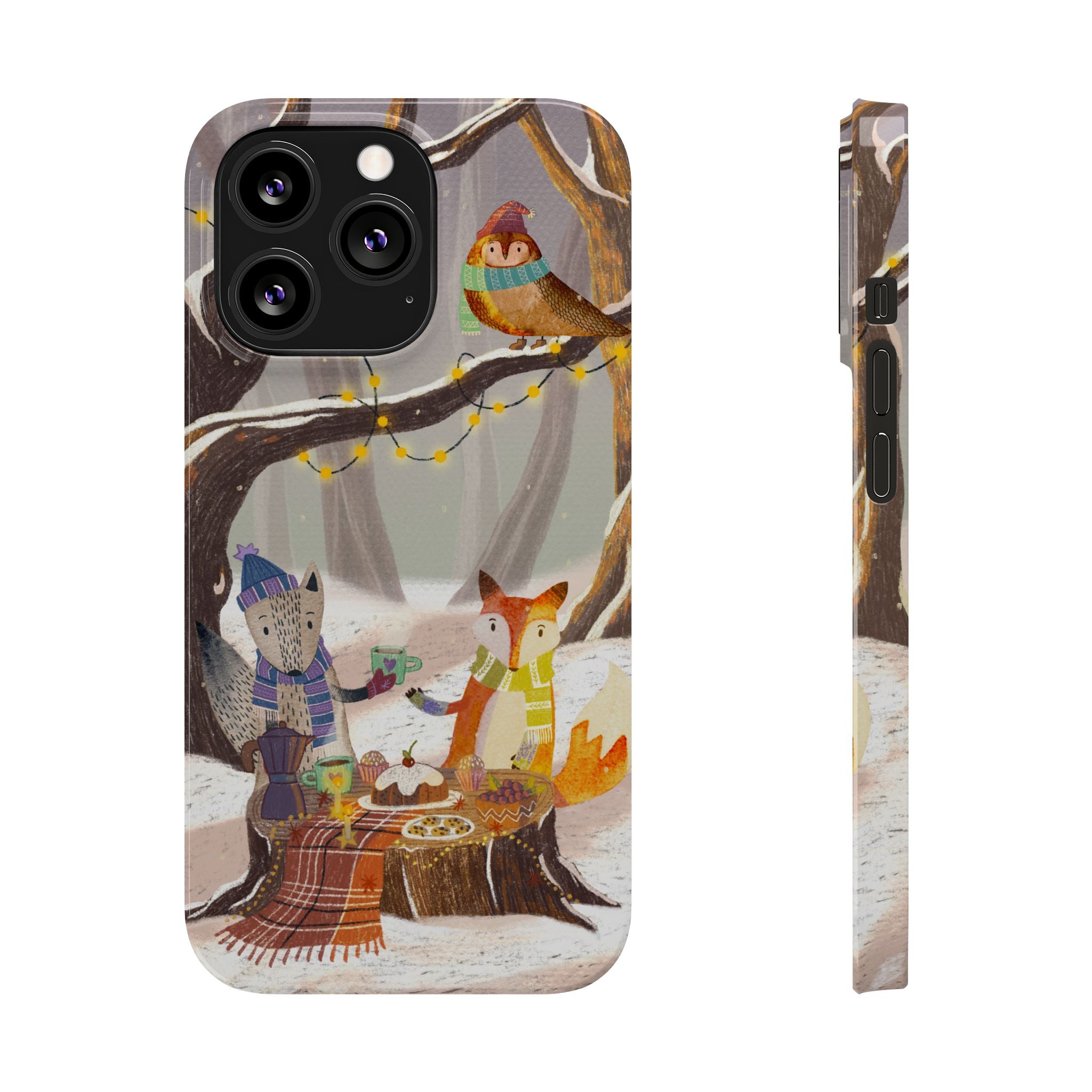 Cozy Winter Animals Slim iPhone Case, Cute Fox & Owl Design, Winter Theme Holiday Gift, Cute Phone Cover Gift, iPhone 16 15 14 13 12 11 X XR