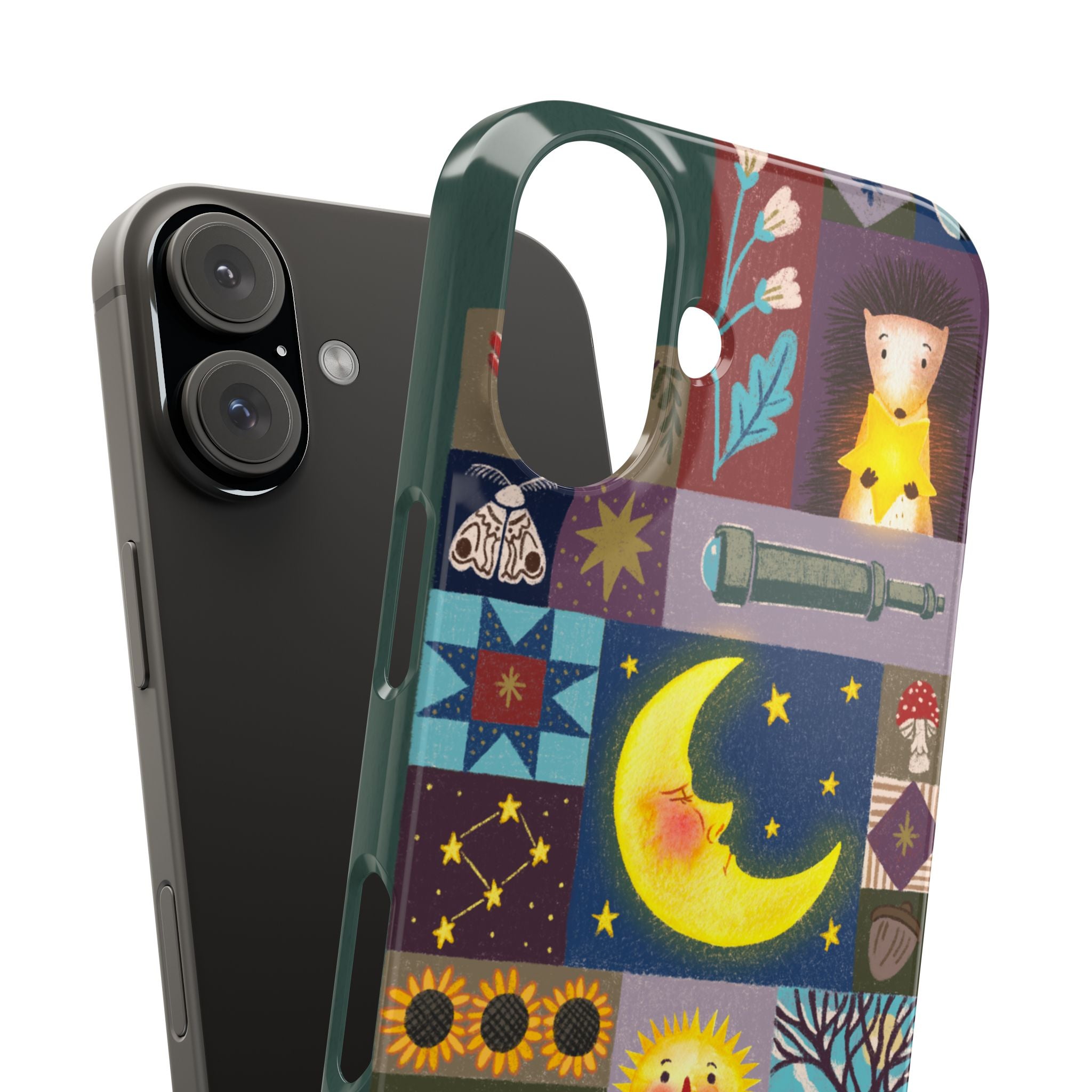 Celestial Quilt iPhone Case, Folk Art Moon Sun Fox Case, Nature Patchwork Cover, Cute Stellar Design, iPhone 7 8 X XR XS 11 12 13 14 15 16