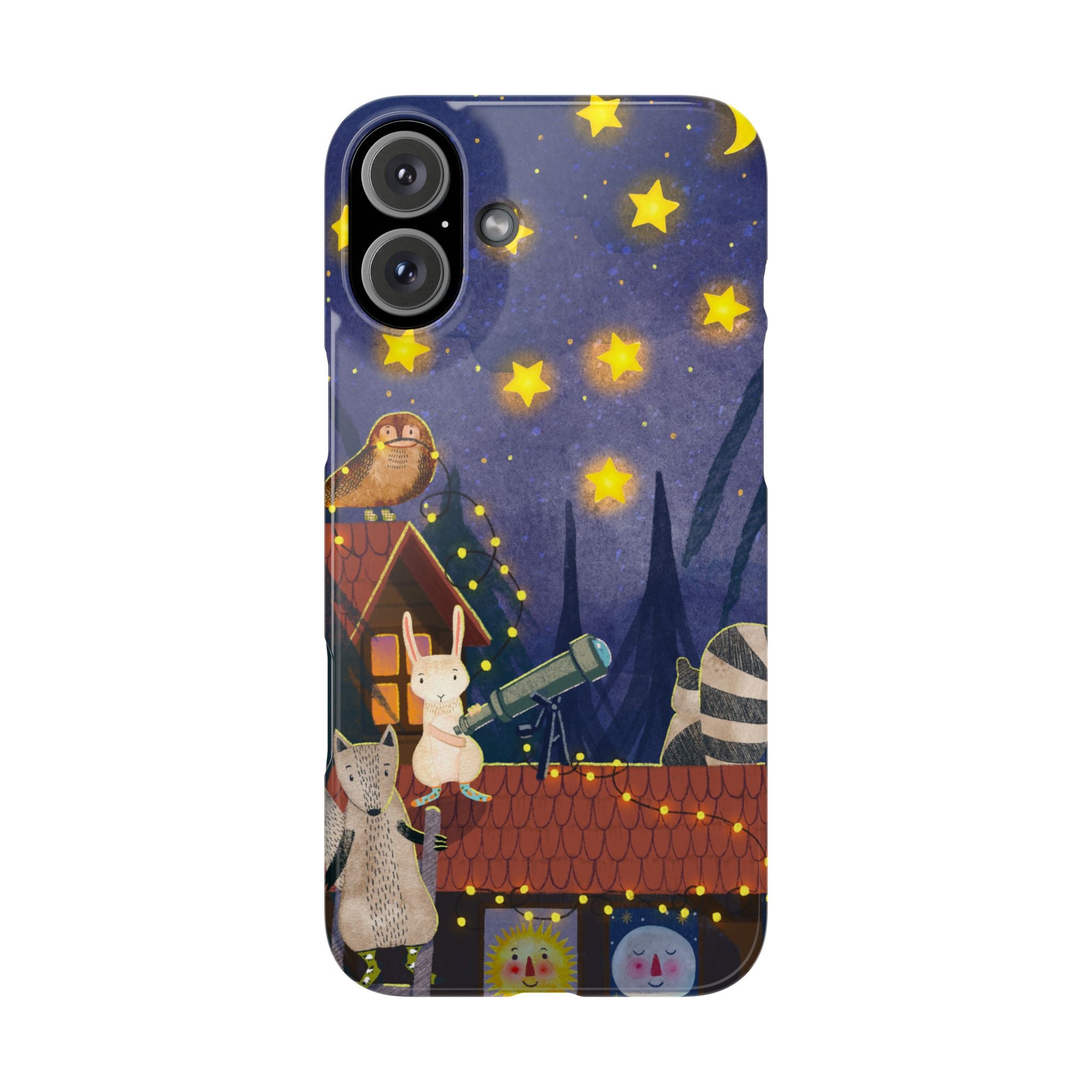 Stargazing Animals Slim iPhone Case, Night Sky Observatory Cover, Cute Forest Gift, Starry Night Gift, iPhone 16 15 14 13 12 11 X XR XS 8 7