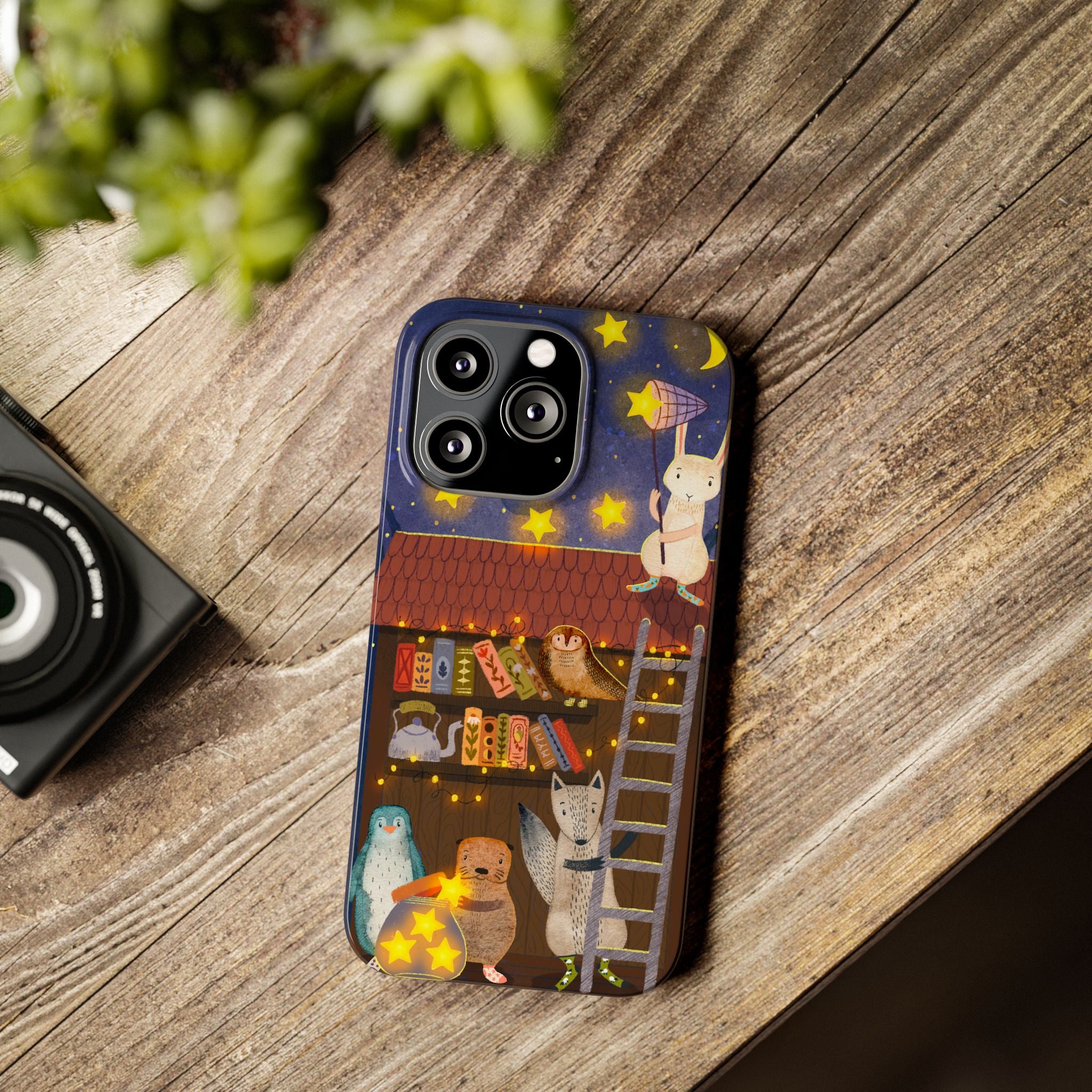 Starlit Library Phone Case, Woodland Animals iPhone Case, Cozy Night Scene Cover, Cute Animals Case Gift, iPhone 7 8 X XR 11 12 13 14 15 16