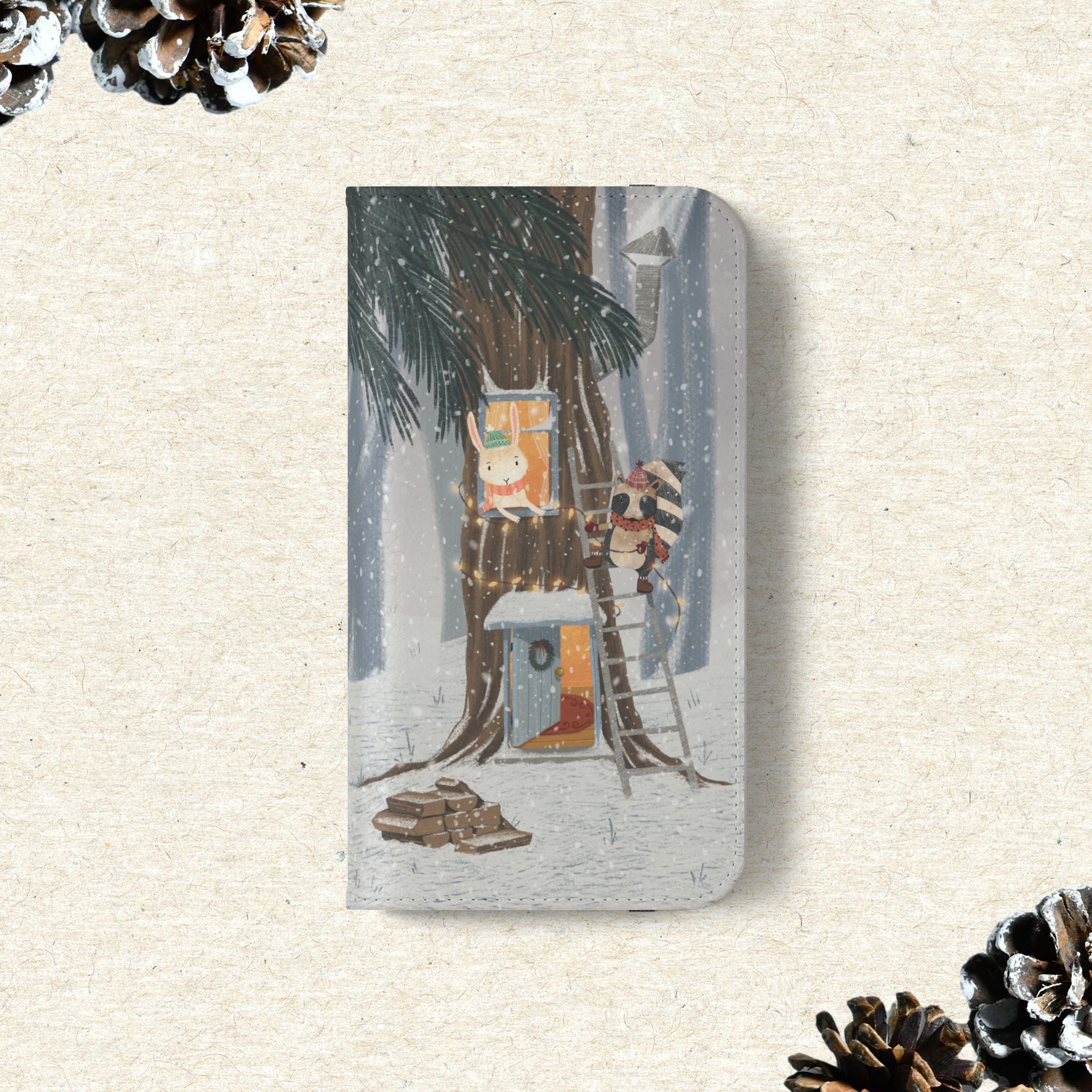 Winter Forest Friends Wallet Case, Woodland Flip Cover, Vegan Leather, Snowy Scene, Cozy Holiday, iPhone 11 12 13 14 15 16, Galaxy S21 S22