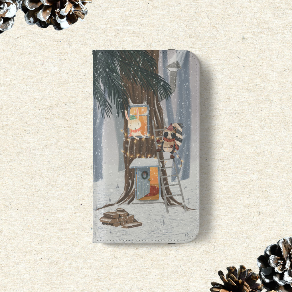 Winter Forest Friends Wallet Case, Woodland Flip Cover, Vegan Leather, Snowy Scene, Cozy Holiday, iPhone 11 12 13 14 15 16, Galaxy S21 S22