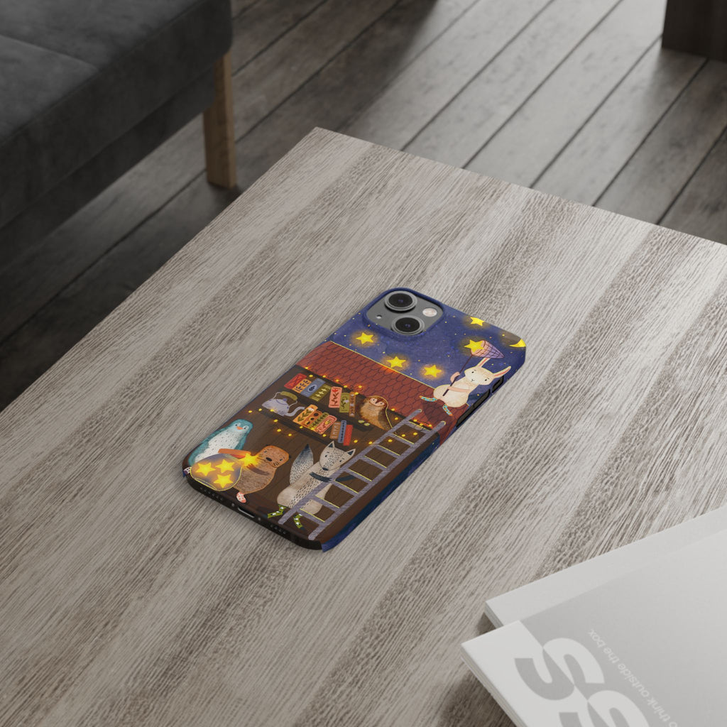Starlit Library Phone Case, Woodland Animals iPhone Case, Cozy Night Scene Cover, Cute Animals Case Gift, iPhone 7 8 X XR 11 12 13 14 15 16