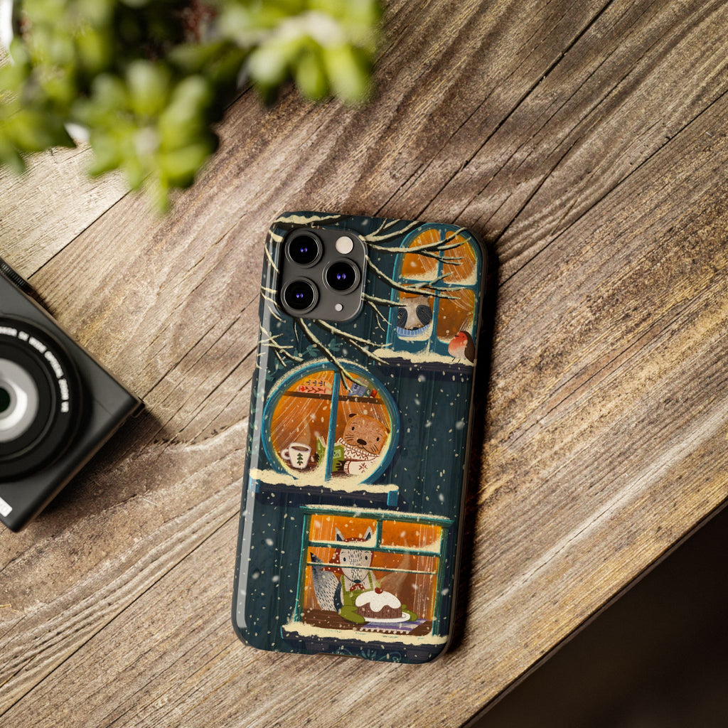 Cute Winter Animals Cozy Home iPhone Case, Woodland Cottage Cover, Treehouse at Night, Raccoon Bear Fox, iPhone 16 15 14 13 12 11 X XR 8 7