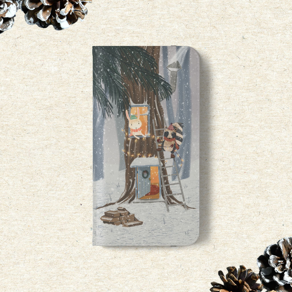 Winter Forest Friends Wallet Case, Woodland Flip Cover, Vegan Leather, Snowy Scene, Cozy Holiday, iPhone 11 12 13 14 15 16, Galaxy S21 S22