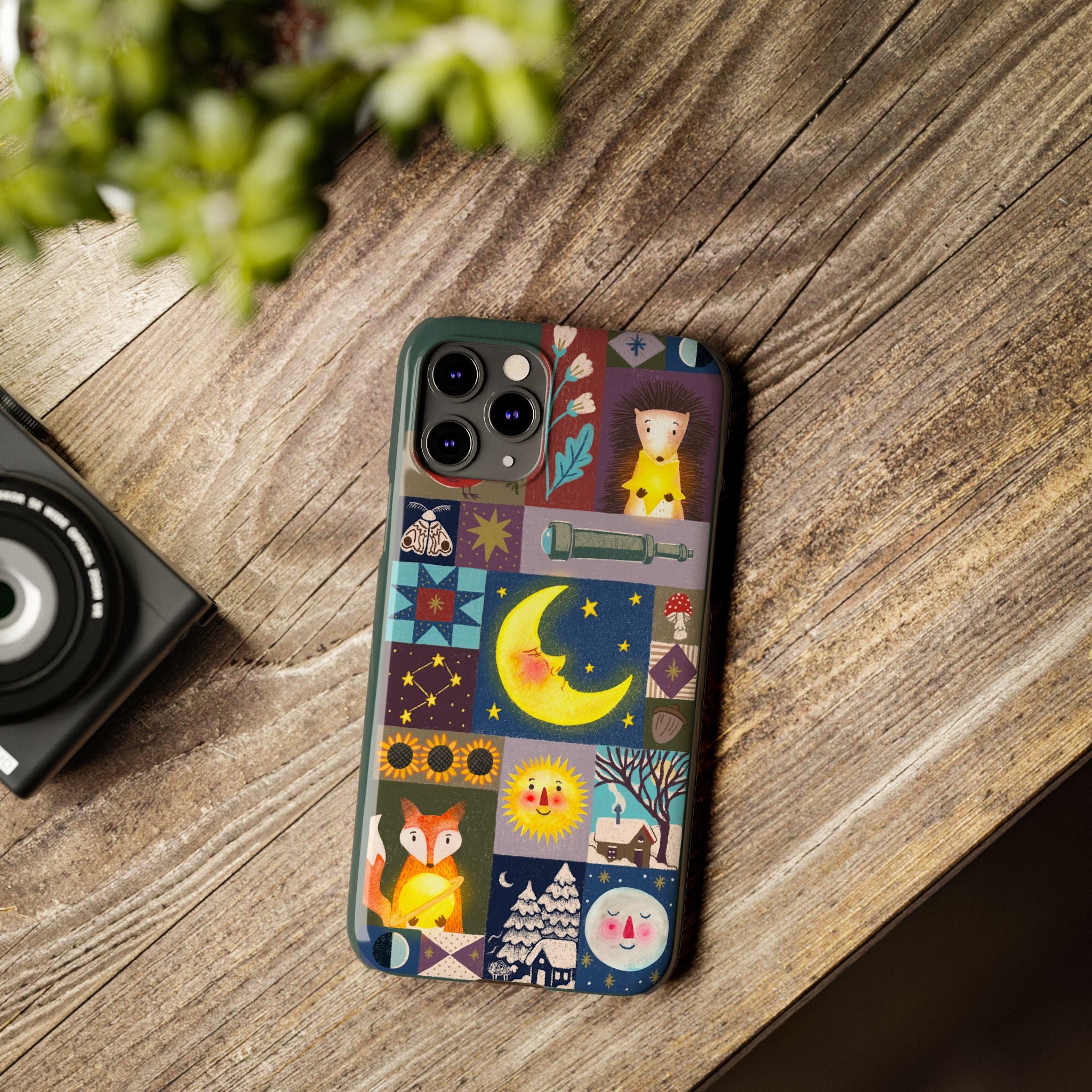 Celestial Quilt iPhone Case, Folk Art Moon Sun Fox Case, Nature Patchwork Cover, Cute Stellar Design, iPhone 7 8 X XR XS 11 12 13 14 15 16