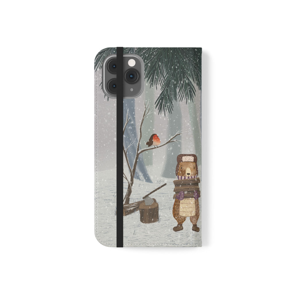 Winter Forest Friends Wallet Case, Woodland Flip Cover, Vegan Leather, Snowy Scene, Cozy Holiday, iPhone 11 12 13 14 15 16, Galaxy S21 S22