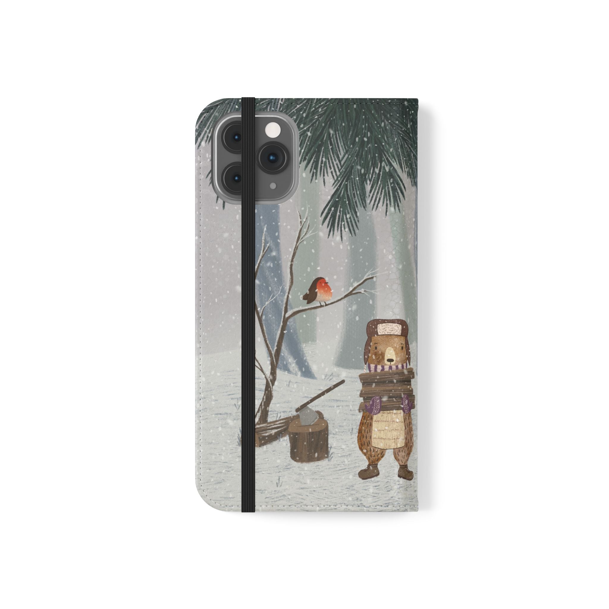 Winter Forest Friends Wallet Case, Woodland Flip Cover, Vegan Leather, Snowy Scene, Cozy Holiday, iPhone 11 12 13 14 15 16, Galaxy S21 S22
