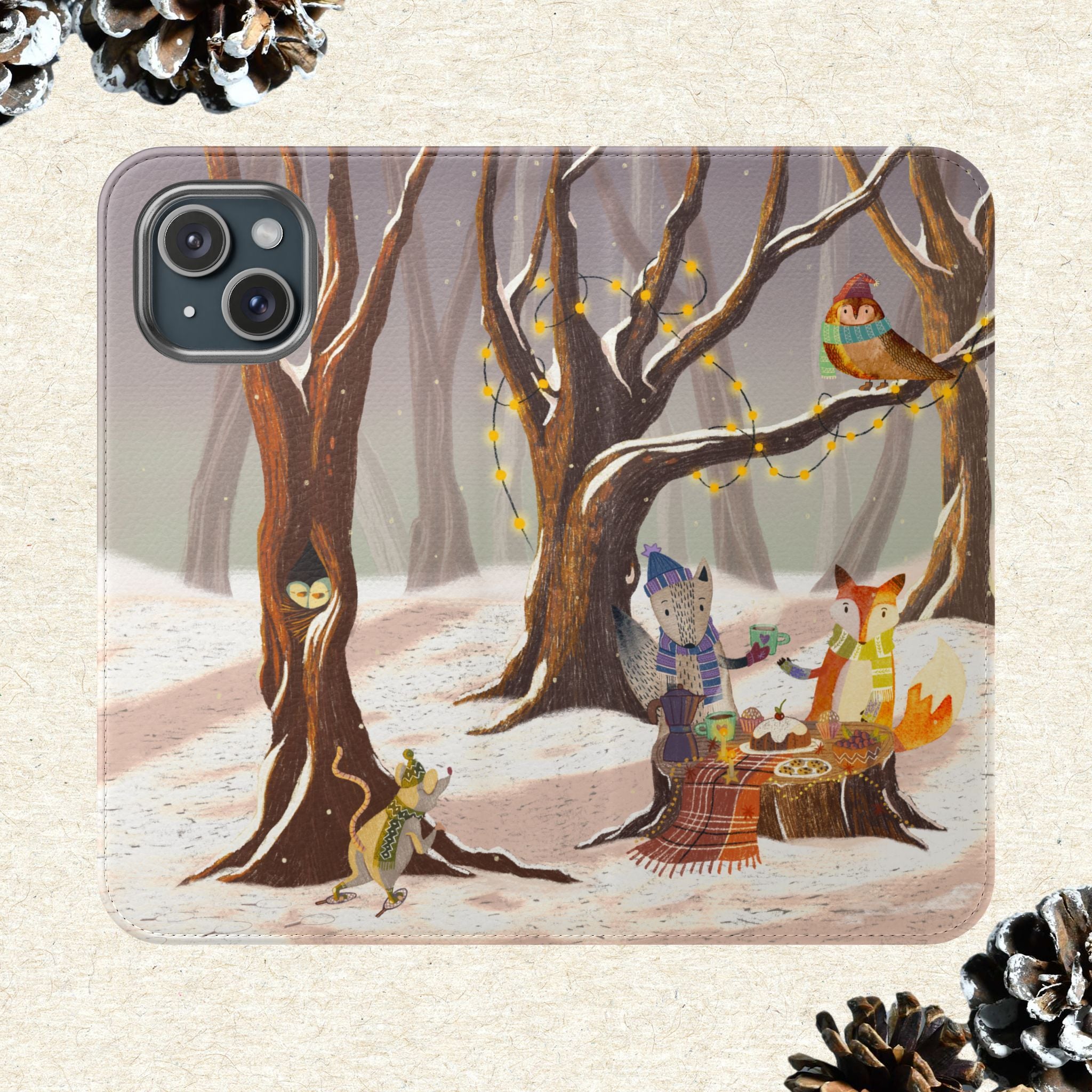 Winter Forest Tea Party Wallet Case, Woodland Animals Phone Flip Cover, Vegan Leather Case, iPhone 11 12 13 14 15 16, Galaxy Ultra S21 S22