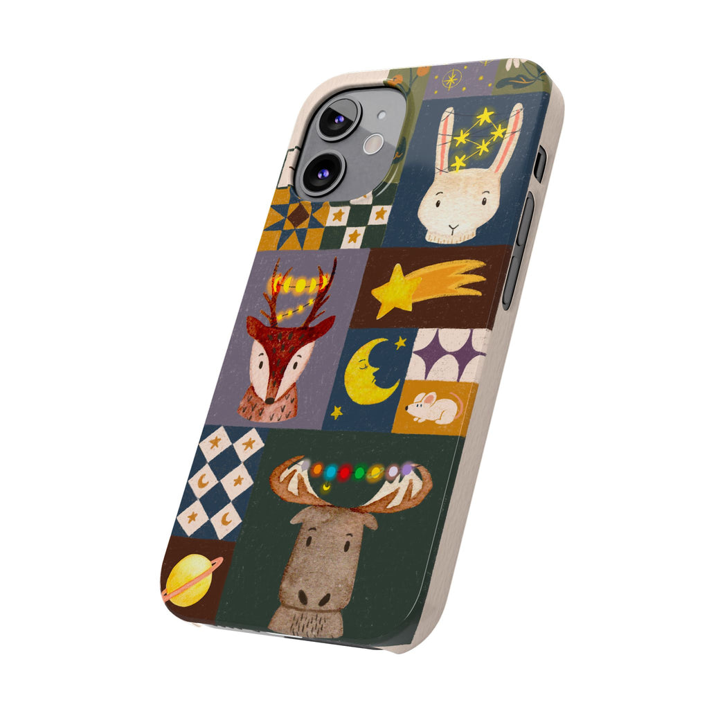 Holiday Night Sky Slim Case, Cute Forest Creatures iPhone Cover, Bunny Deer Moose, iPhone 7 8 X XR XS 11 12 13 14 15 16