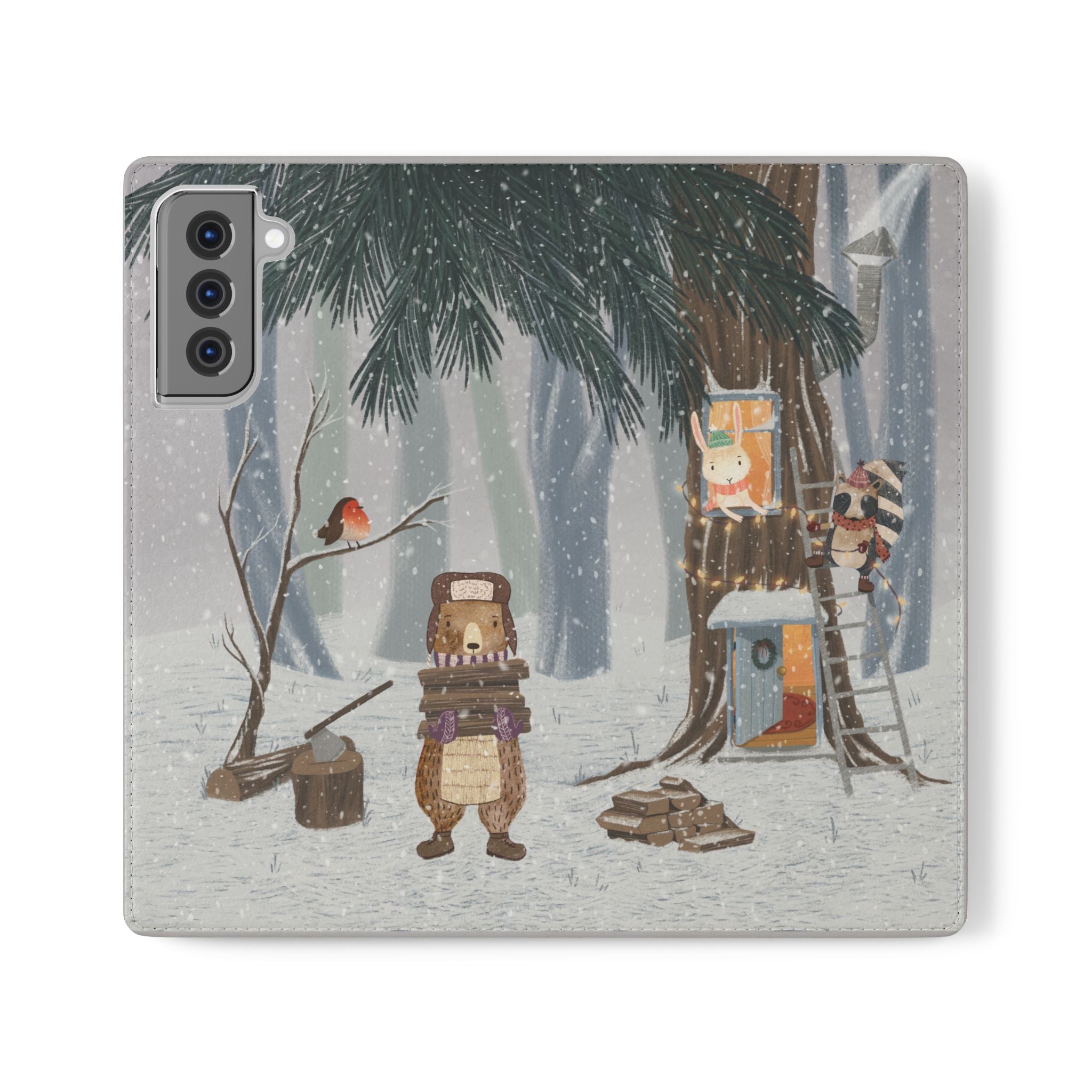 Winter Forest Friends Wallet Case, Woodland Flip Cover, Vegan Leather, Snowy Scene, Cozy Holiday, iPhone 11 12 13 14 15 16, Galaxy S21 S22