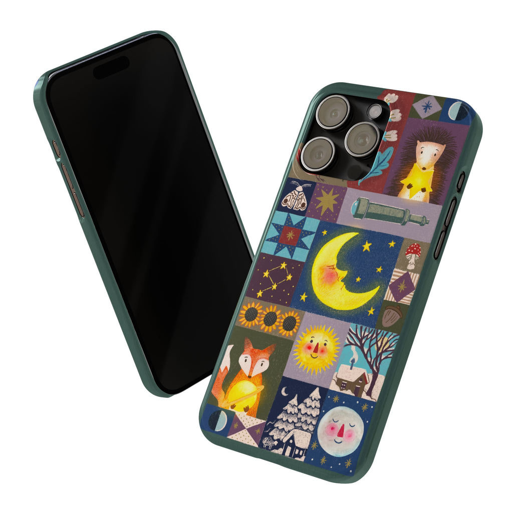 Celestial Quilt iPhone Case, Folk Art Moon Sun Fox Case, Nature Patchwork Cover, Cute Stellar Design, iPhone 7 8 X XR XS 11 12 13 14 15 16