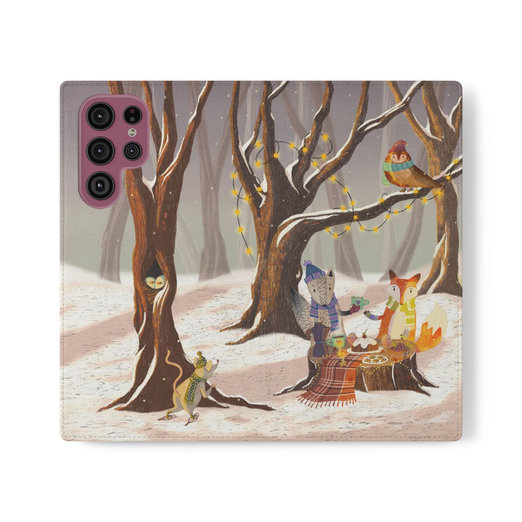 Winter Forest Tea Party Wallet Case, Woodland Animals Phone Flip Cover, Vegan Leather Case, iPhone 11 12 13 14 15 16, Galaxy Ultra S21 S22