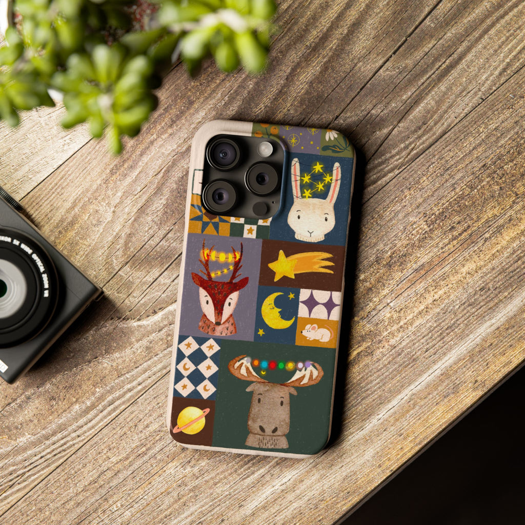 Holiday Night Sky Slim Case, Cute Forest Creatures iPhone Cover, Bunny Deer Moose, iPhone 7 8 X XR XS 11 12 13 14 15 16