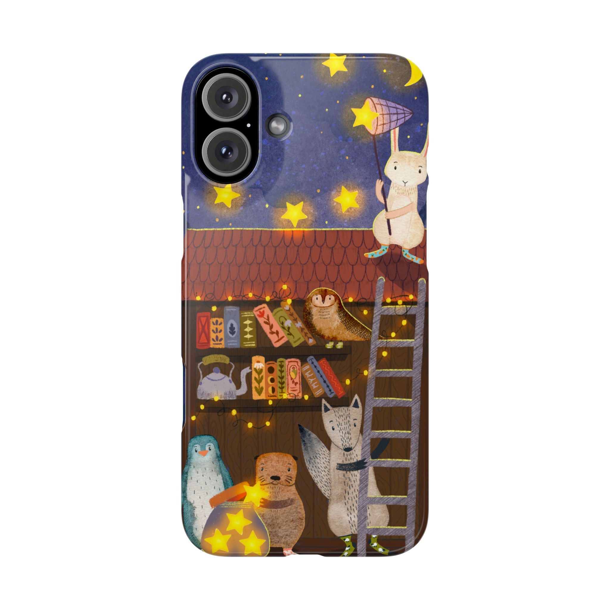 Starlit Library Phone Case, Woodland Animals iPhone Case, Cozy Night Scene Cover, Cute Animals Case Gift, iPhone 7 8 X XR 11 12 13 14 15 16