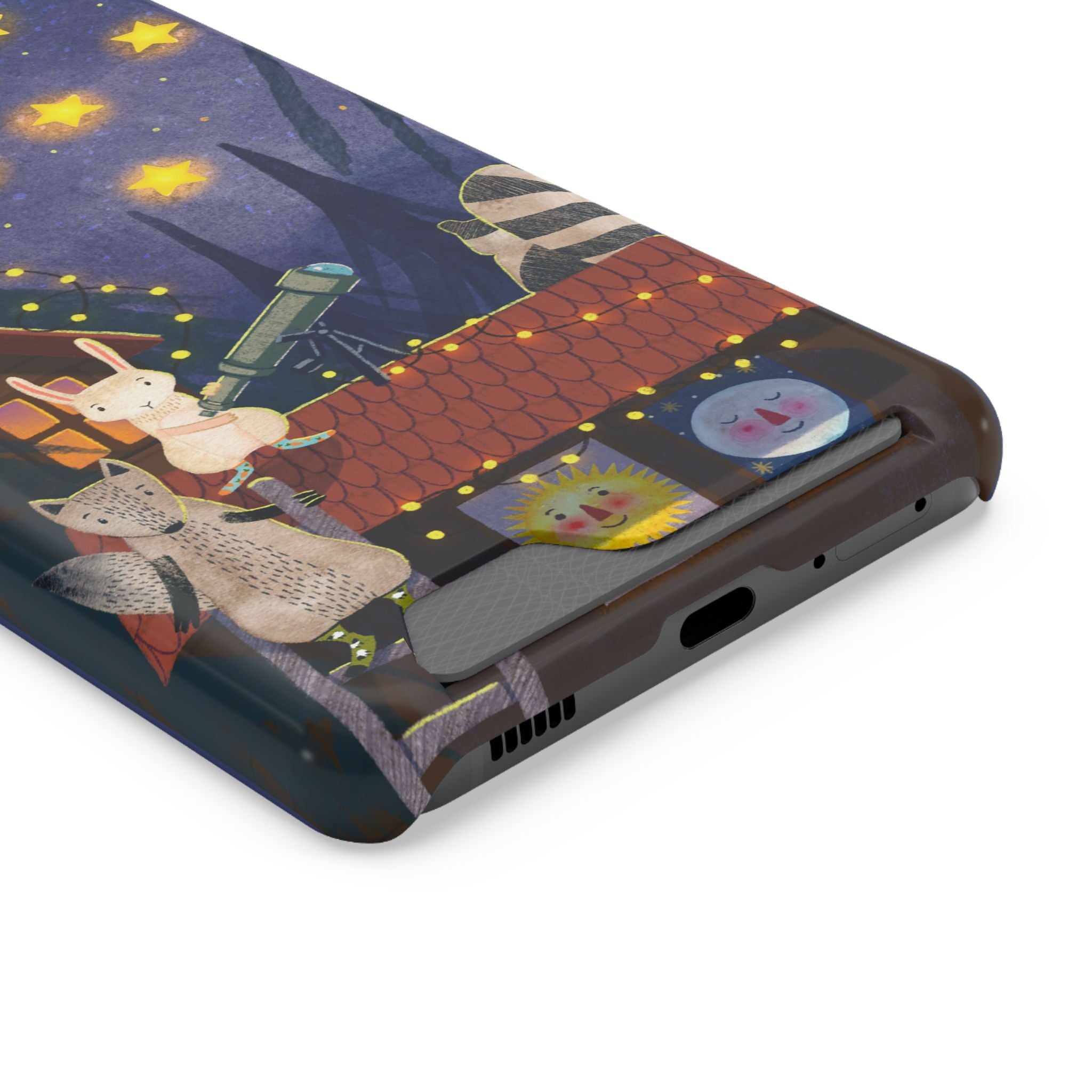 Stargazing Animals Phone Case With Card Holder - Cute Animal Design for Kids, Gift for Urban Explorers, Night Sky Vibes, Fun Accessory