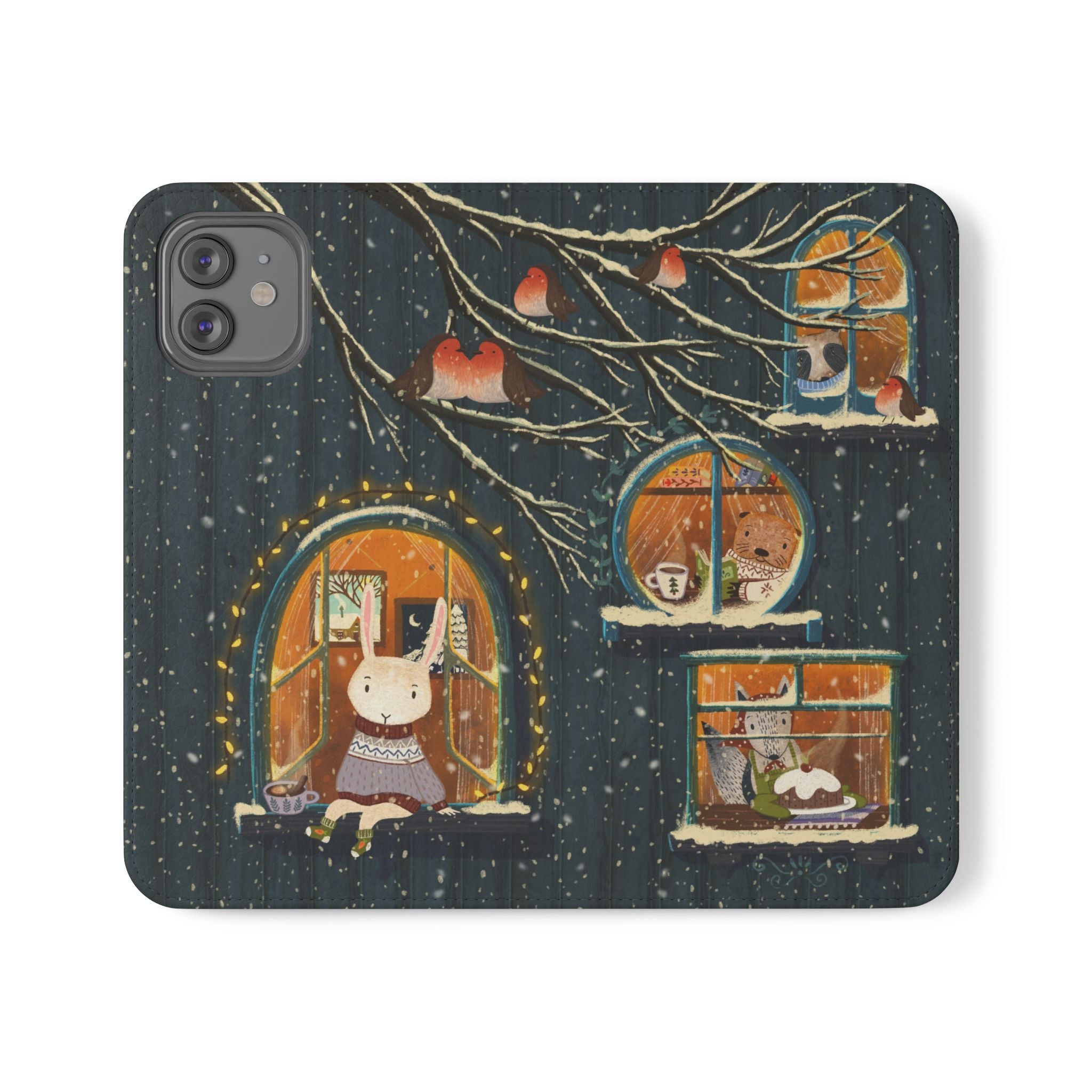 Cozy Winter Cottage Wallet Case, Cute Animals Flip Cover, Vegan Leather, Cozy Vibes, Gift Idea for iPhone 11 12 13 14 15 16, Galaxy S21 S22