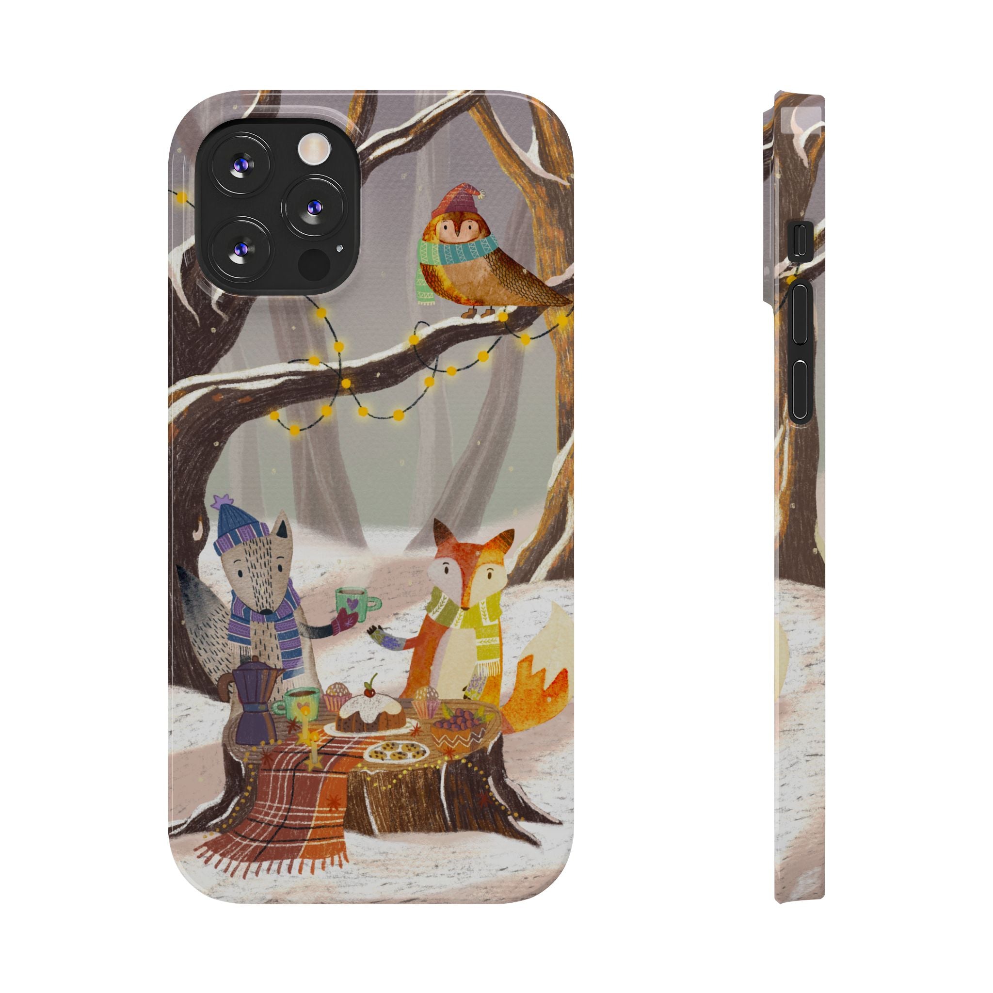 Cozy Winter Animals Slim iPhone Case, Cute Fox & Owl Design, Winter Theme Holiday Gift, Cute Phone Cover Gift, iPhone 16 15 14 13 12 11 X XR