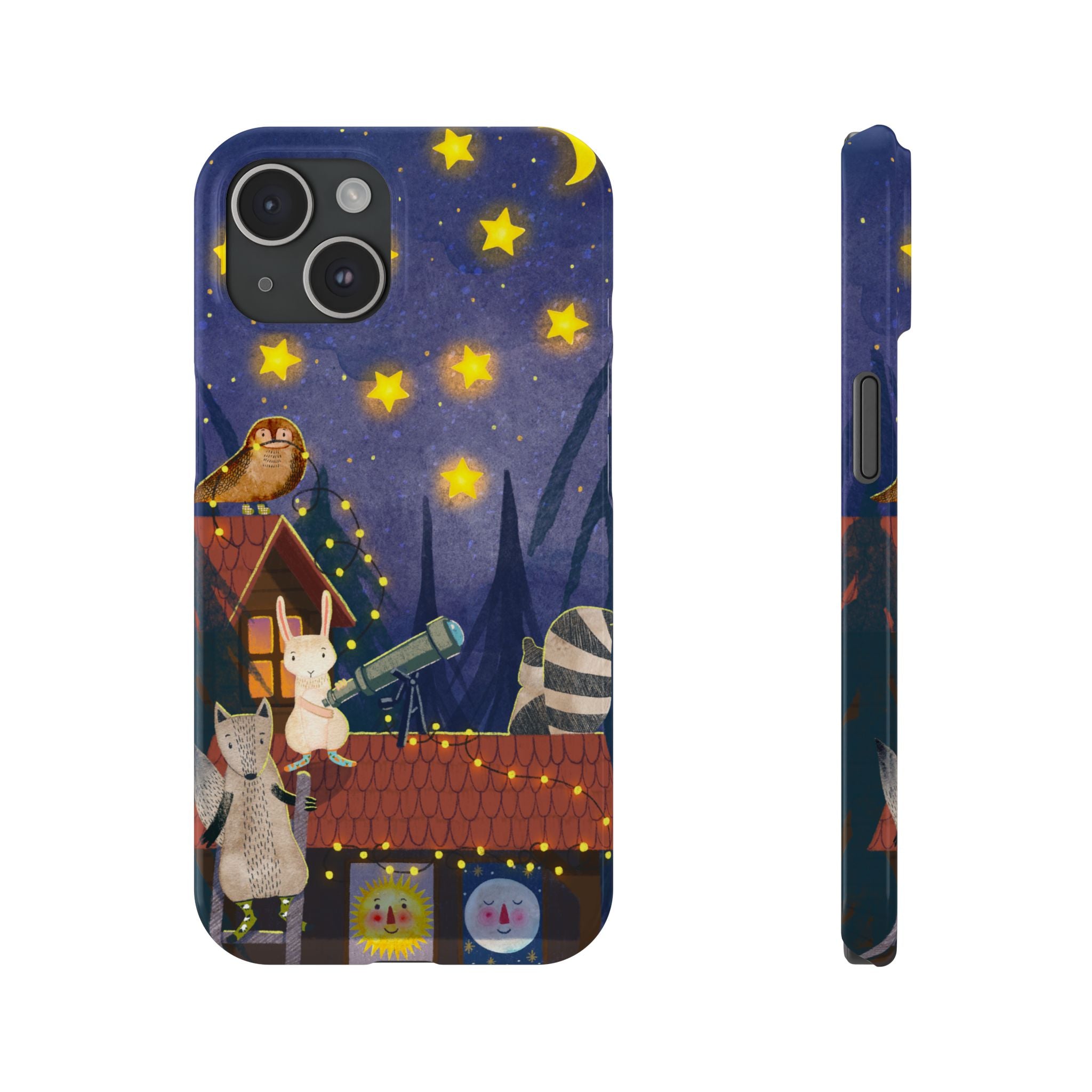 Stargazing Animals Slim iPhone Case, Night Sky Observatory Cover, Cute Forest Gift, Starry Night Gift, iPhone 16 15 14 13 12 11 X XR XS 8 7