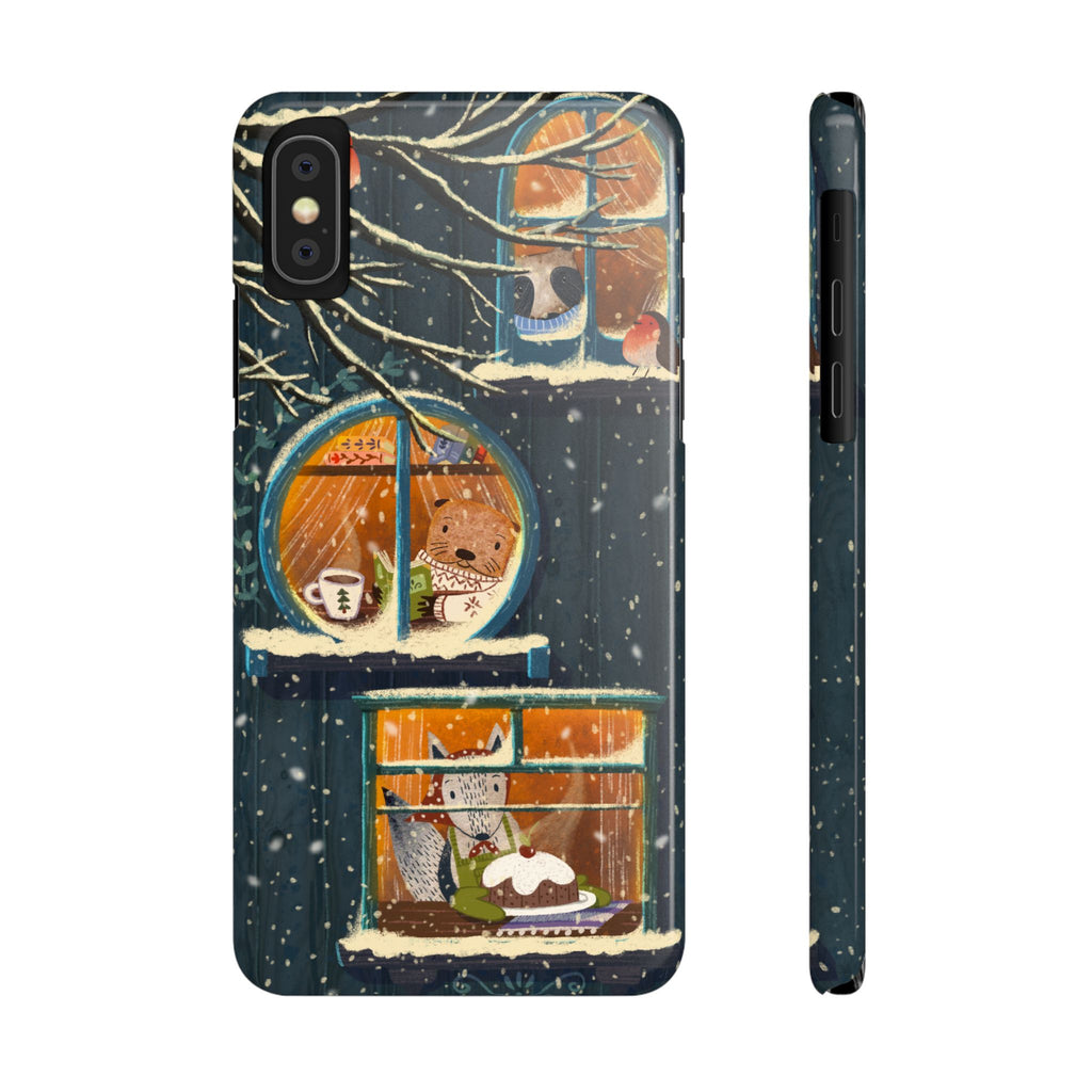 Cute Winter Animals Cozy Home iPhone Case, Woodland Cottage Cover, Treehouse at Night, Raccoon Bear Fox, iPhone 16 15 14 13 12 11 X XR 8 7