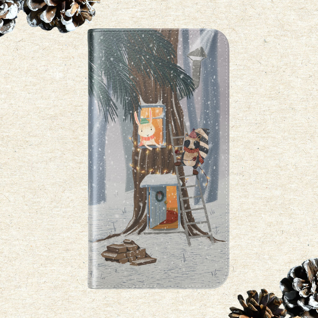 Winter Forest Friends Wallet Case, Woodland Flip Cover, Vegan Leather, Snowy Scene, Cozy Holiday, iPhone 11 12 13 14 15 16, Galaxy S21 S22