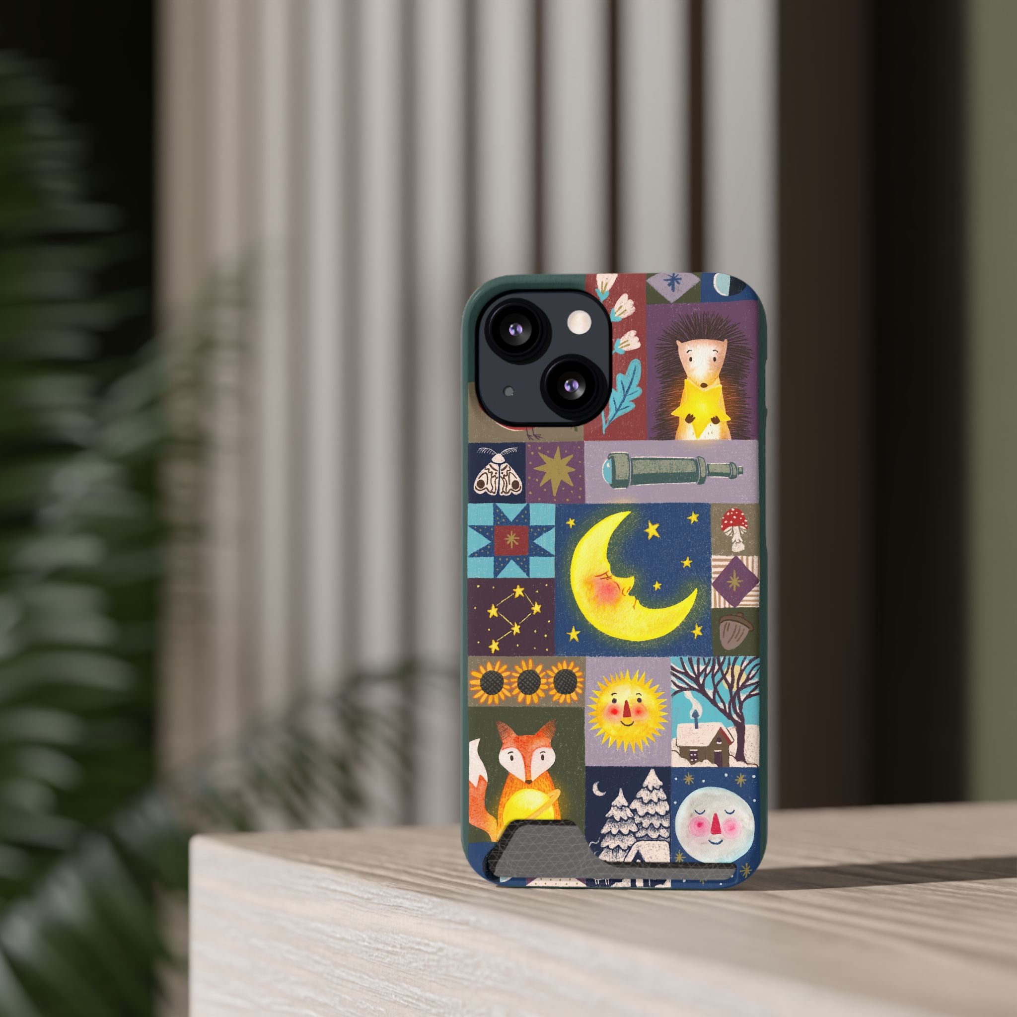 Magical Celestial Patchwork Phone Card Case - Cute Forest Animals Design, Perfect Gift for Nature Lovers, Kids & Adults, Ideal for Birthdays