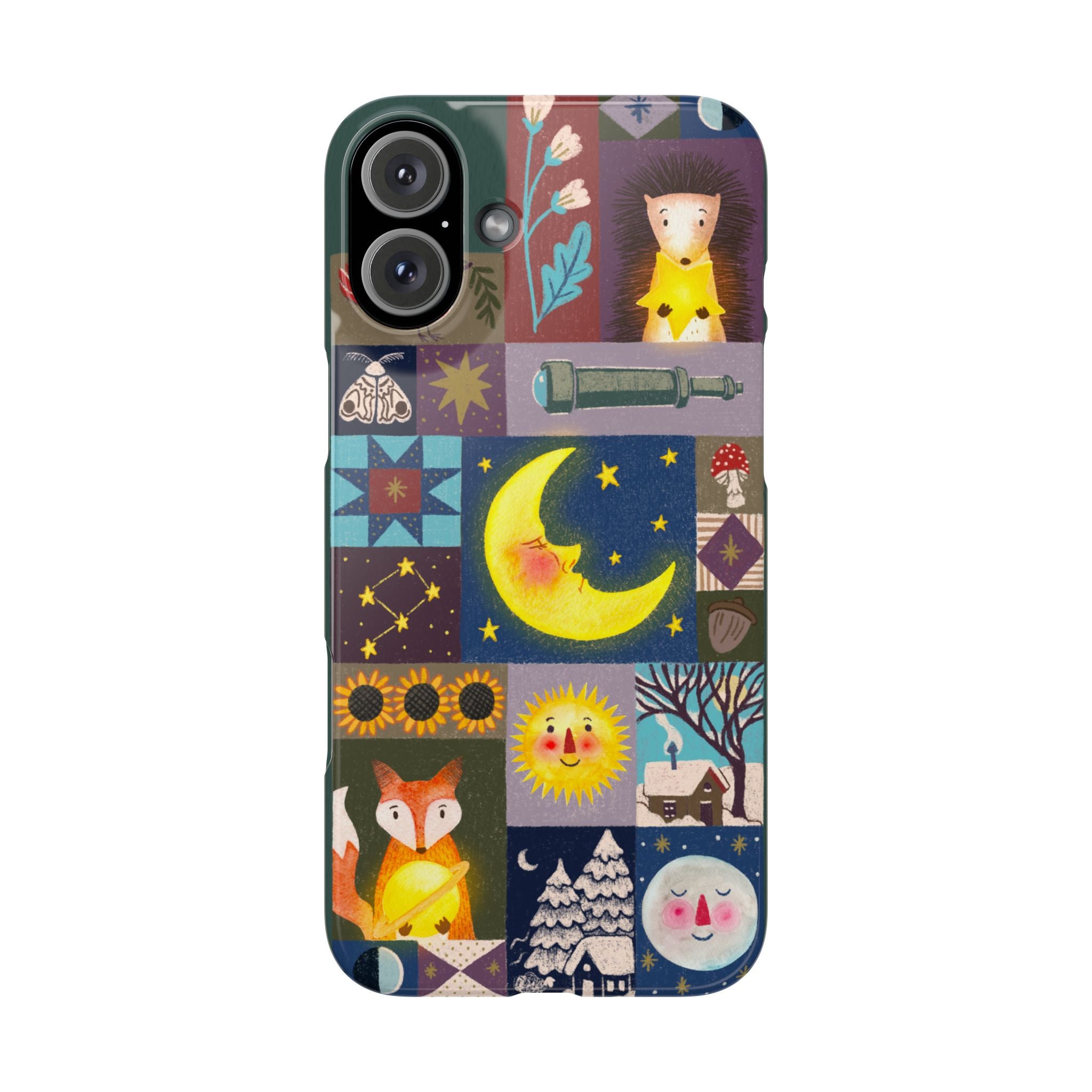 Celestial Quilt iPhone Case, Folk Art Moon Sun Fox Case, Nature Patchwork Cover, Cute Stellar Design, iPhone 7 8 X XR XS 11 12 13 14 15 16
