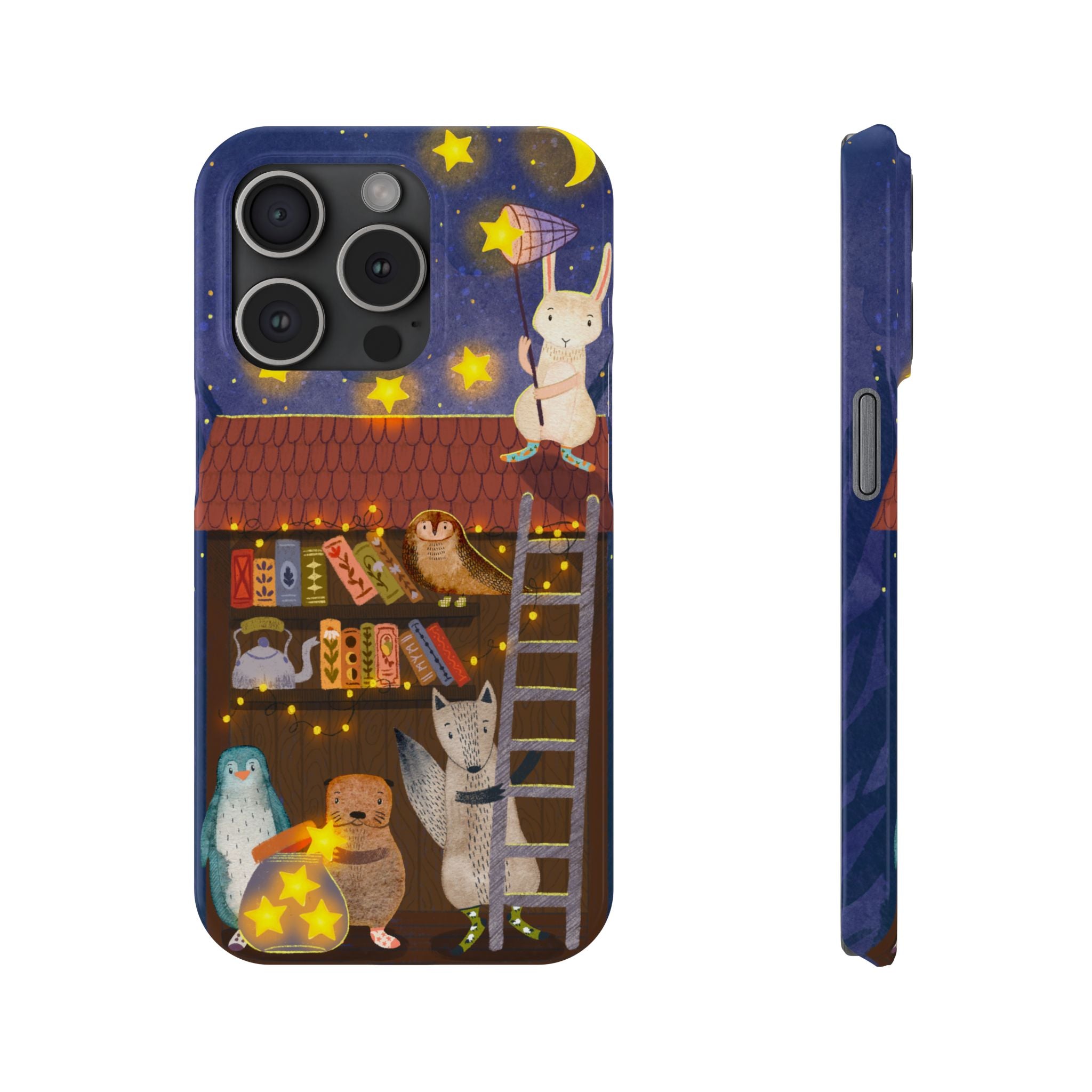 Starlit Library Phone Case, Woodland Animals iPhone Case, Cozy Night Scene Cover, Cute Animals Case Gift, iPhone 7 8 X XR 11 12 13 14 15 16