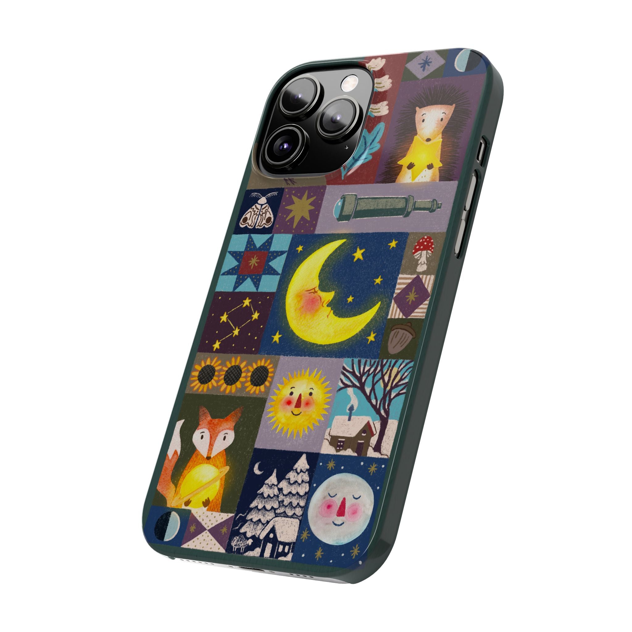 Celestial Quilt iPhone Case, Folk Art Moon Sun Fox Case, Nature Patchwork Cover, Cute Stellar Design, iPhone 7 8 X XR XS 11 12 13 14 15 16