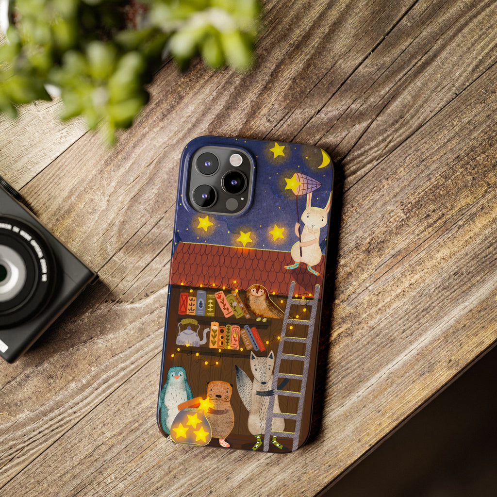 Starlit Library Phone Case, Woodland Animals iPhone Case, Cozy Night Scene Cover, Cute Animals Case Gift, iPhone 7 8 X XR 11 12 13 14 15 16