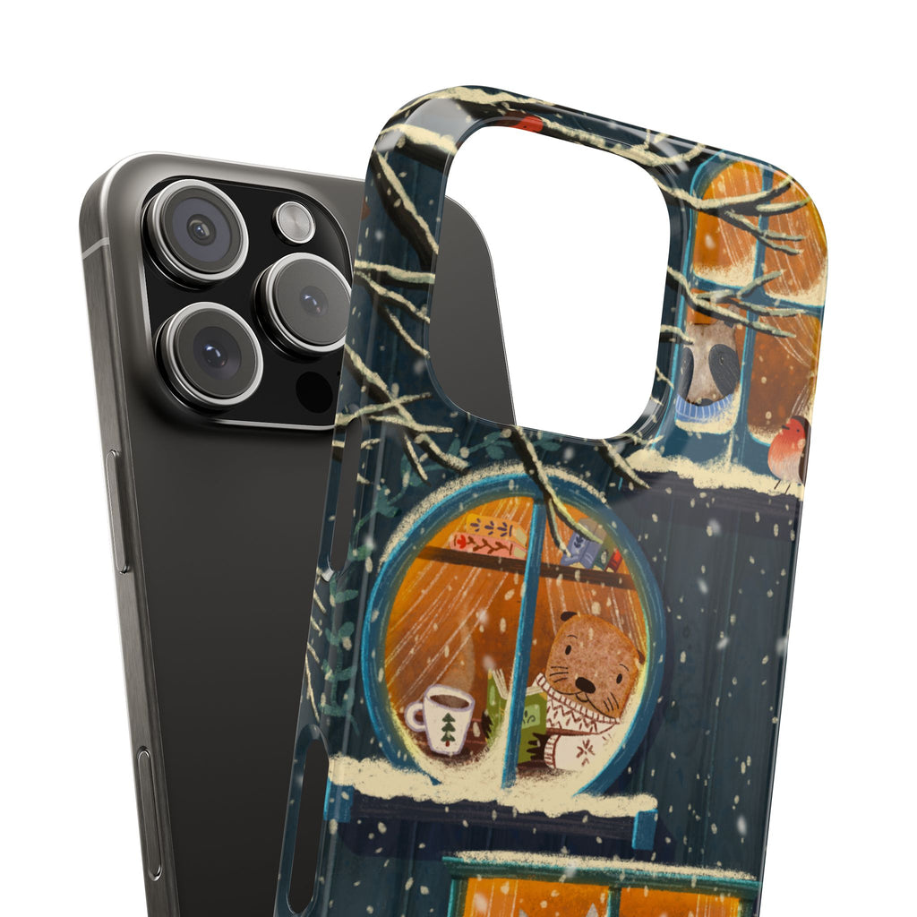 Cute Winter Animals Cozy Home iPhone Case, Woodland Cottage Cover, Treehouse at Night, Raccoon Bear Fox, iPhone 16 15 14 13 12 11 X XR 8 7