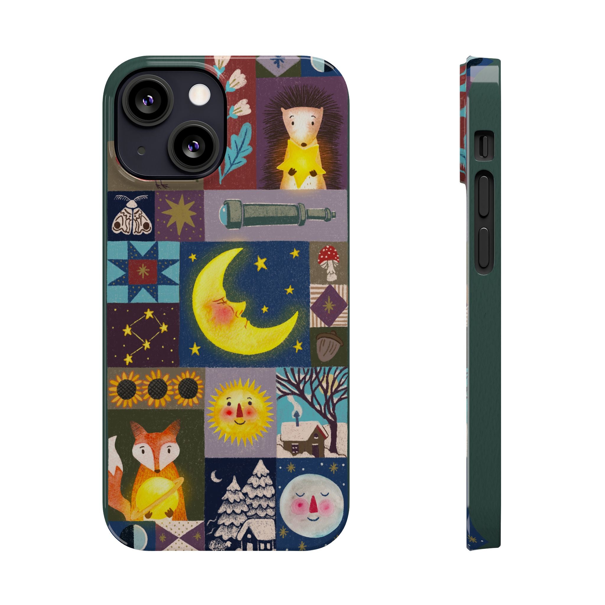 Celestial Quilt iPhone Case, Folk Art Moon Sun Fox Case, Nature Patchwork Cover, Cute Stellar Design, iPhone 7 8 X XR XS 11 12 13 14 15 16