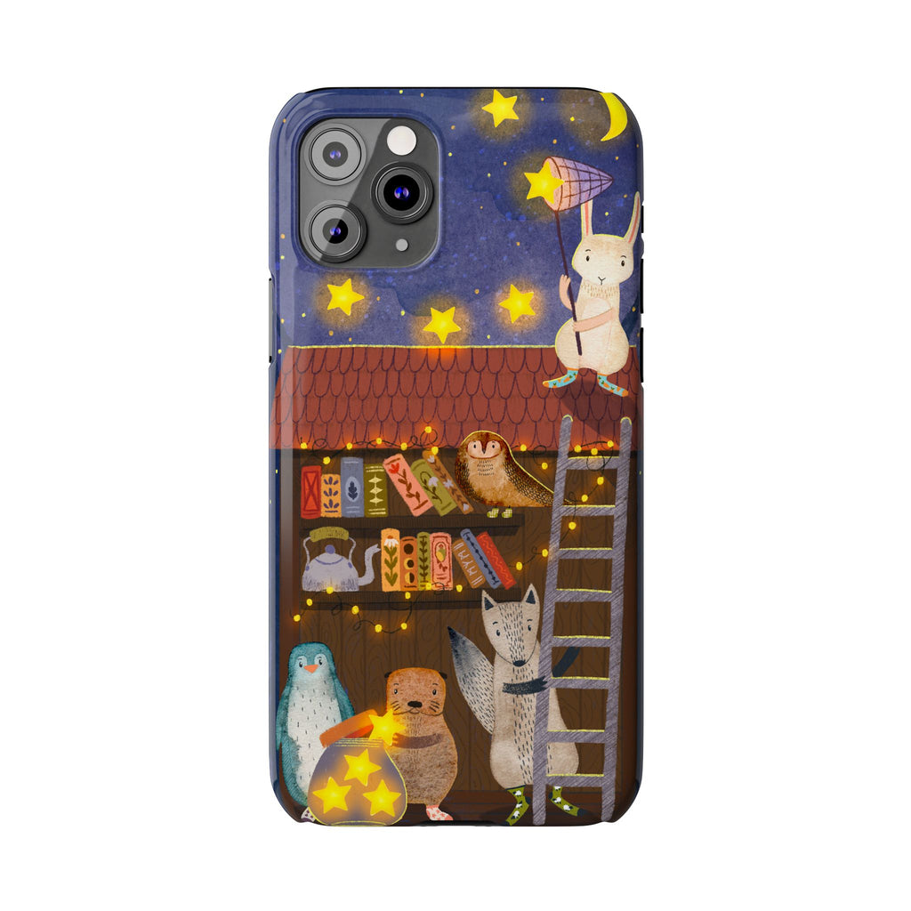 Starlit Library Phone Case, Woodland Animals iPhone Case, Cozy Night Scene Cover, Cute Animals Case Gift, iPhone 7 8 X XR 11 12 13 14 15 16